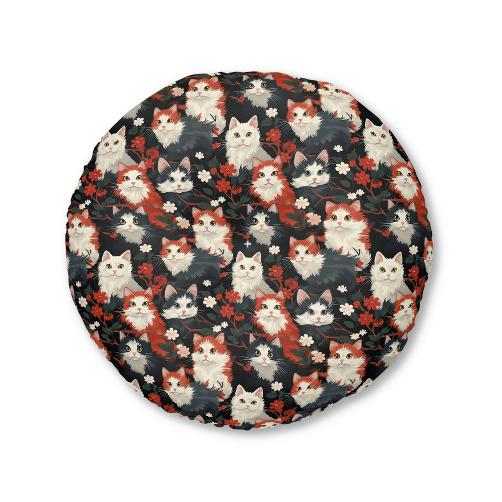 Indoor Round Floor Pillow - A detailed and ornate Victorian-style pattern featuring a tight grouping of fluffy cats of various colors surrounded by black and red flowers and leaves.