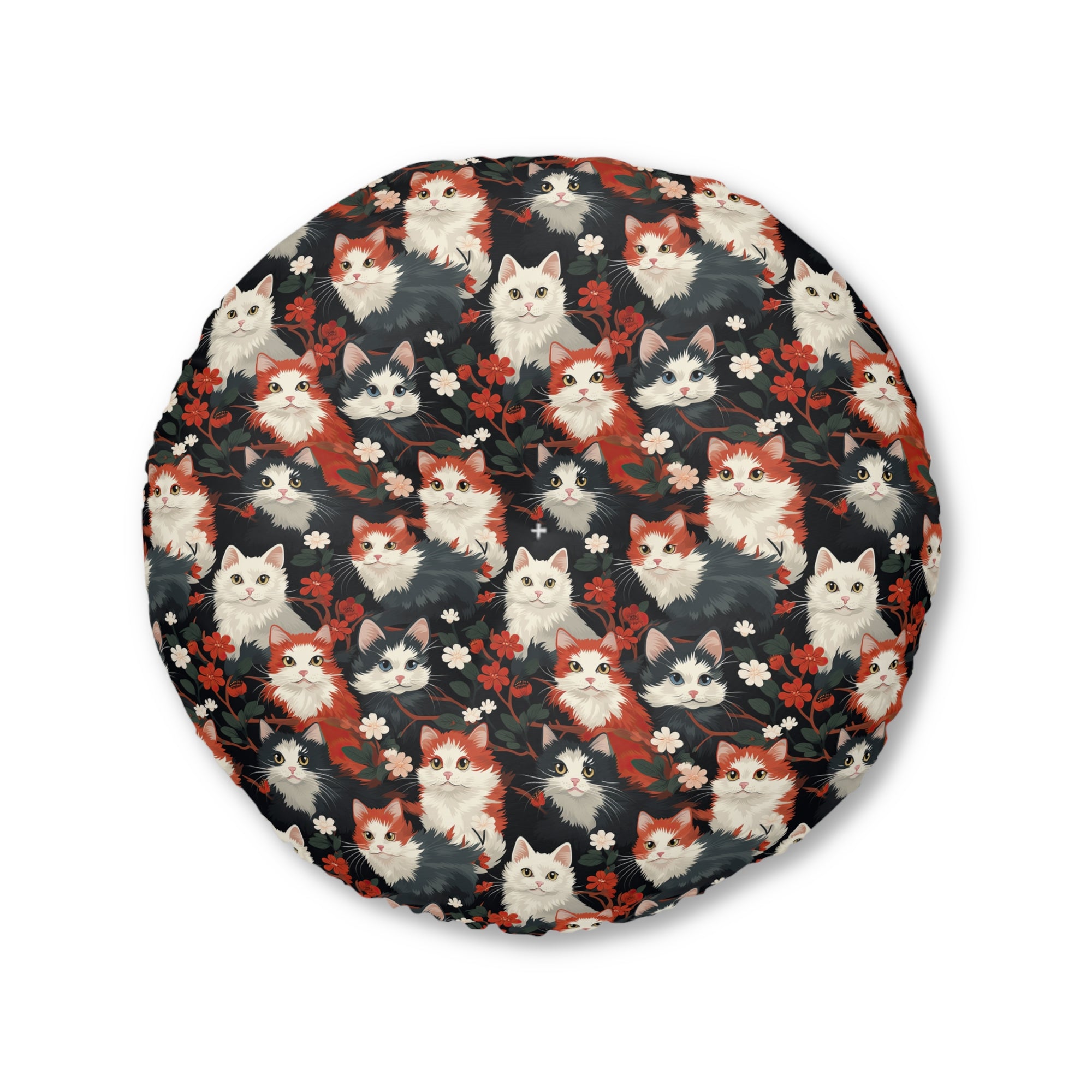 Indoor Round Floor Pillow - A detailed and ornate Victorian-style pattern featuring a tight grouping of fluffy cats of various colors surrounded by black and red flowers and leaves.