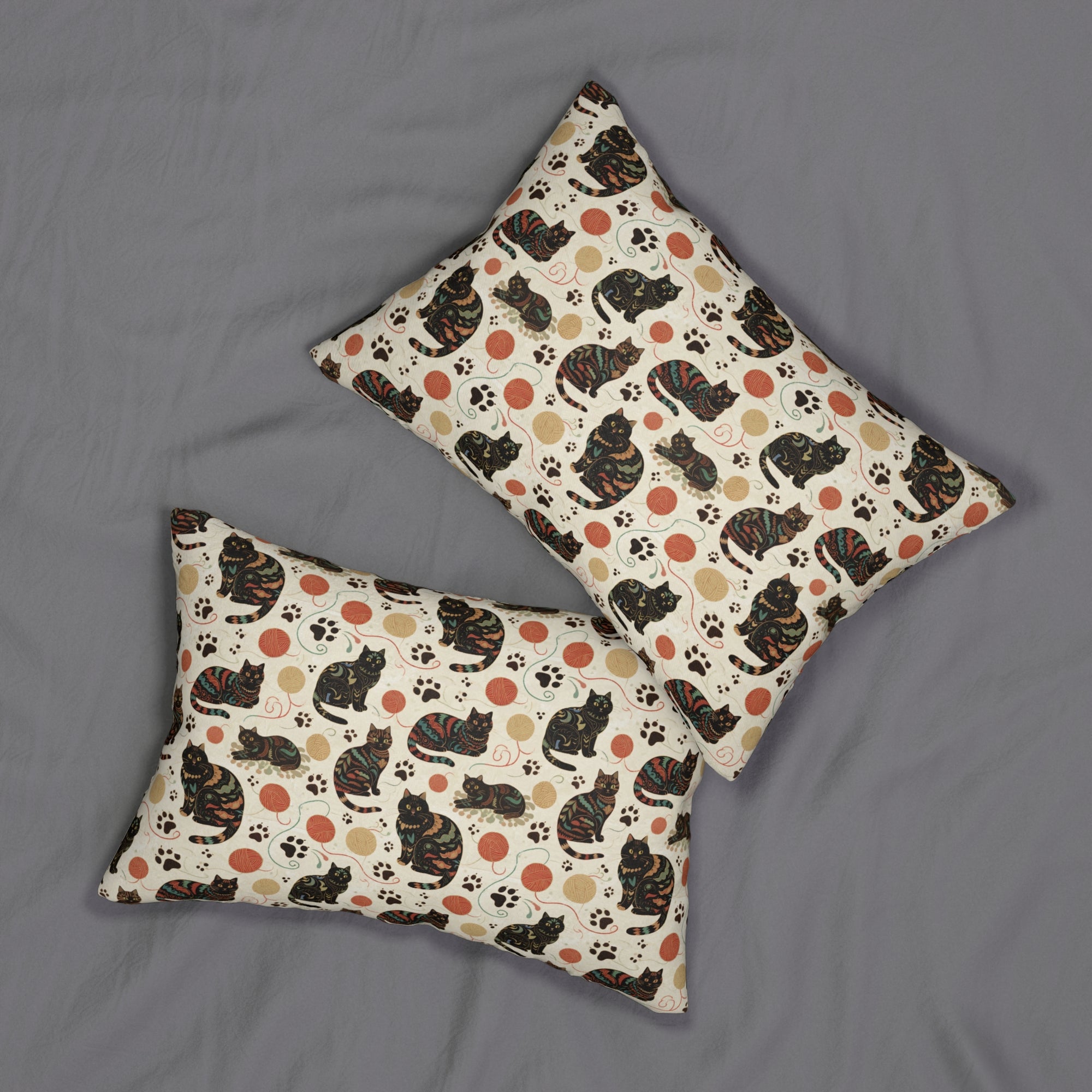 Indoor Lumbar Pillow - Intricate tribal patterned black cats, colorful folk art style, playful felines with yarn balls and paw prints, artistic and bohemian cat design, cream background, unique animal print
