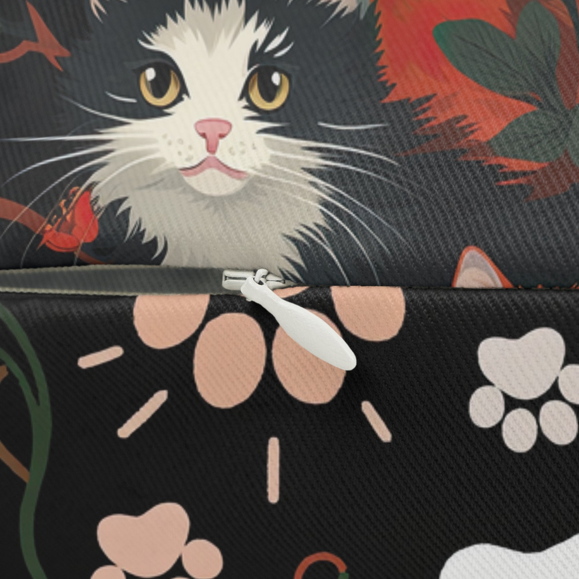 Indoor Lumbar Pillow - A detailed and ornate Victorian-style pattern featuring a tight grouping of fluffy cats of various colors surrounded by black and red flowers and leaves.