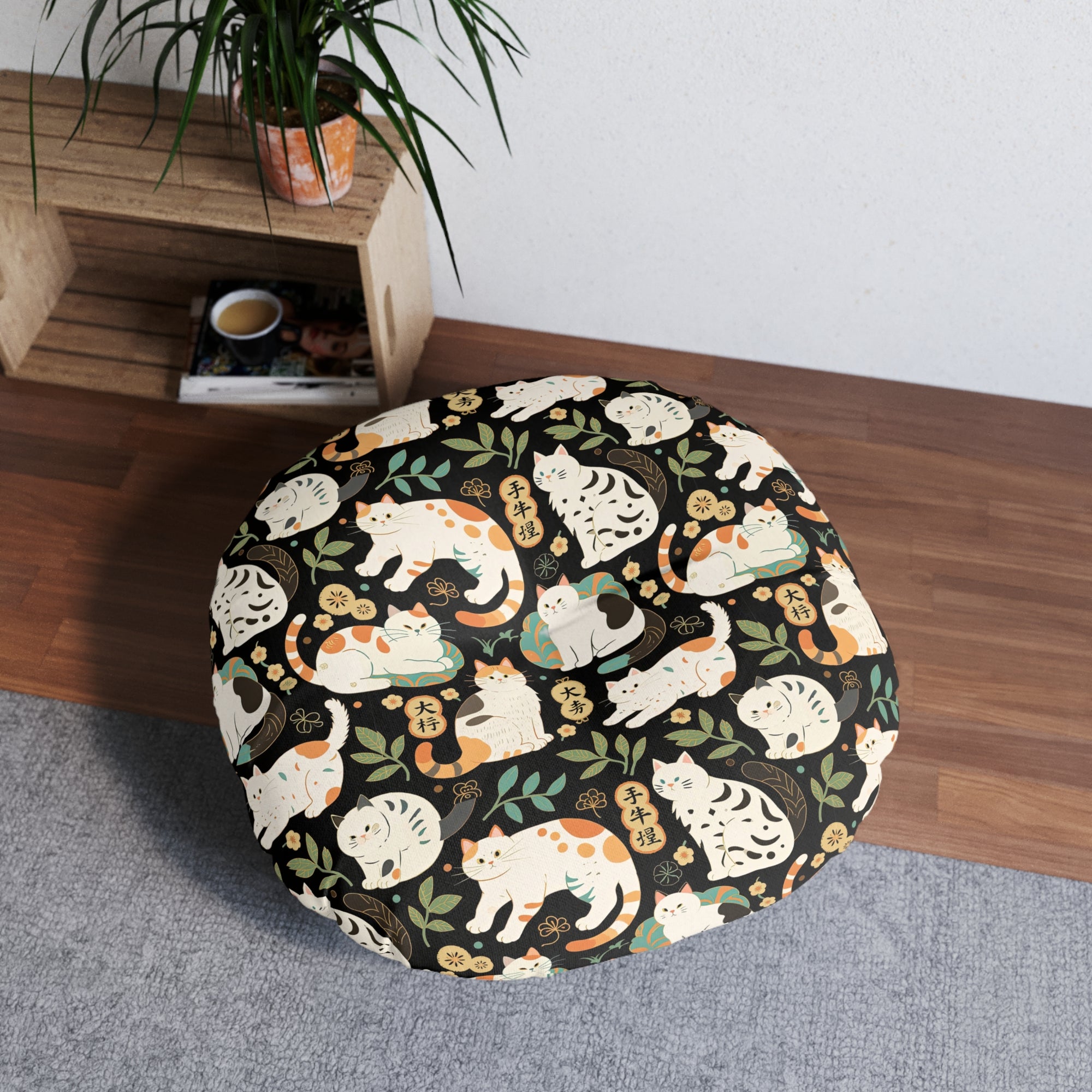 Indoor Round Floor Pillow - Traditional Japanese Maneki-Neko Cats and Auspicious Symbols Grace a Dark Background in this Fortunate Pattern