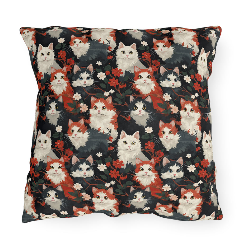 Outdoor Pillow - A detailed and ornate Victorian-style pattern featuring a tight grouping of fluffy cats of various colors surrounded by black and red flowers and leaves.