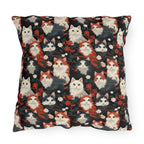 Outdoor Pillow - A detailed and ornate Victorian-style pattern featuring a tight grouping of fluffy cats of various colors surrounded by black and red flowers and leaves.