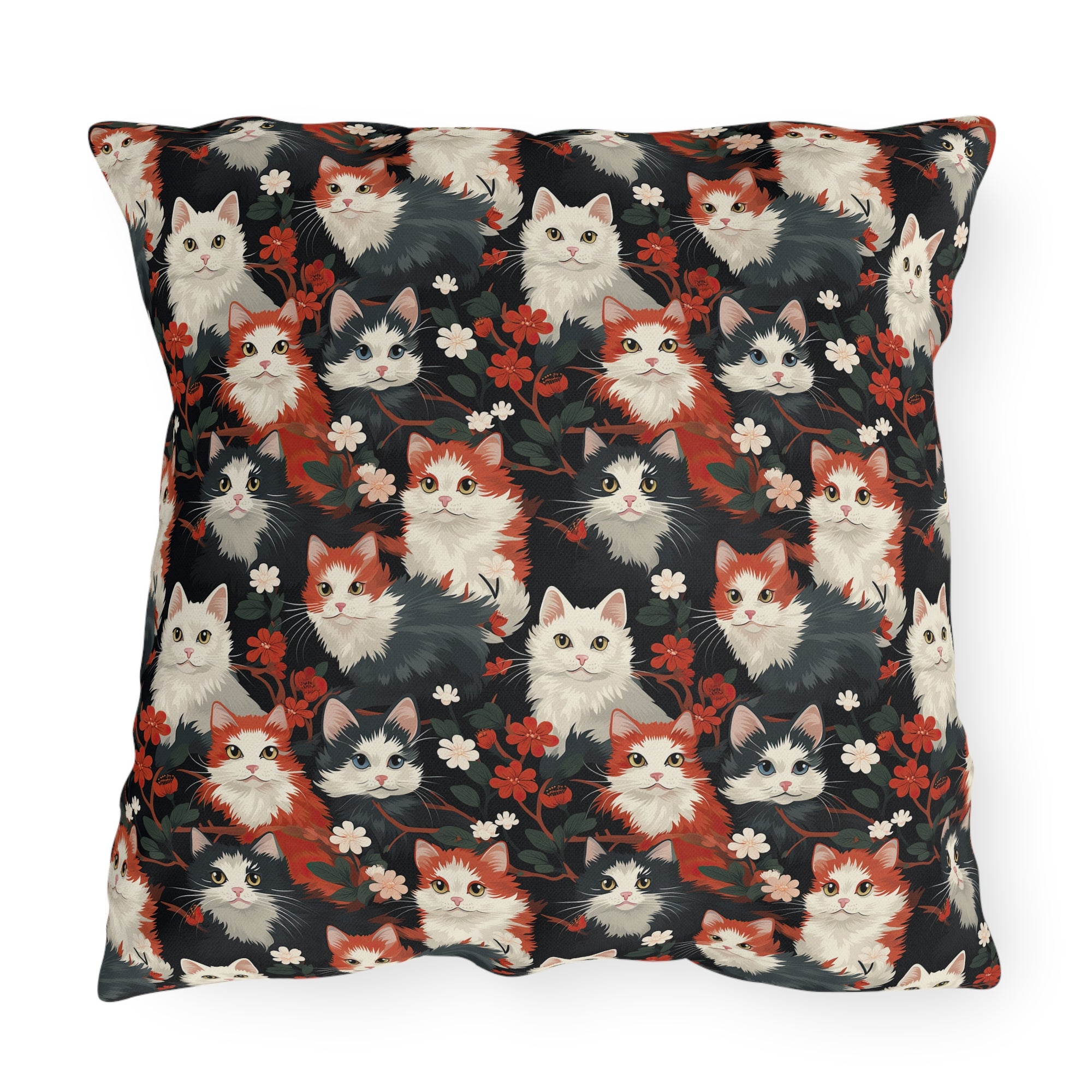 Outdoor Pillow - A detailed and ornate Victorian-style pattern featuring a tight grouping of fluffy cats of various colors surrounded by black and red flowers and leaves.