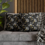 Square Pillowcase - Grey and White Kittens Playing with Golden Yarn on a Black Background with Paw Prints