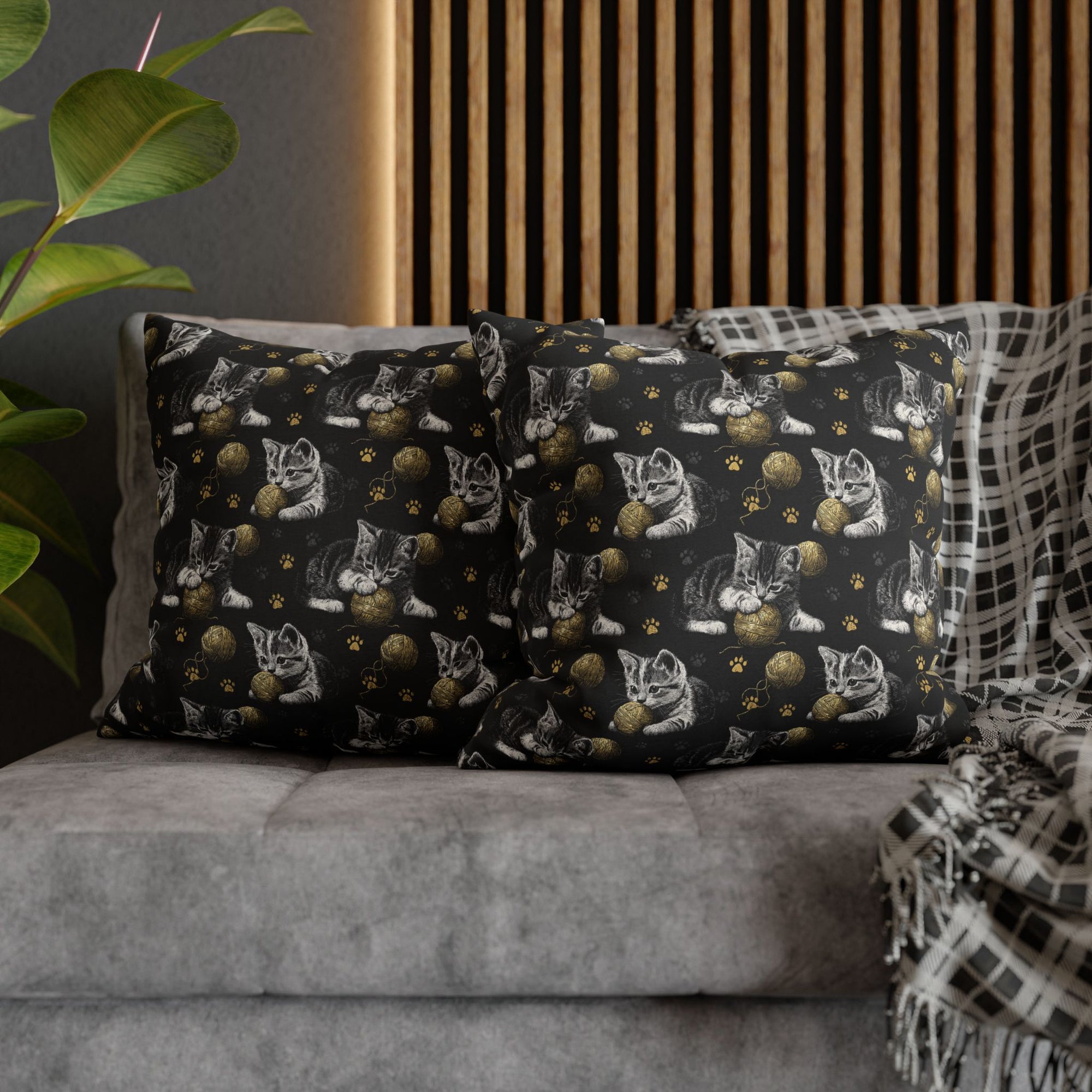 Square Pillowcase - Grey and White Kittens Playing with Golden Yarn on a Black Background with Paw Prints