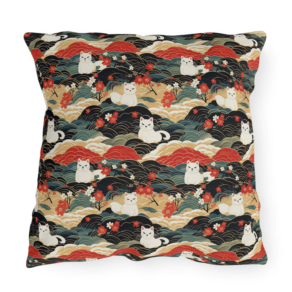 Outdoor Pillow - A beautiful, Japanese-inspired illustration of tranquil white cats resting on rolling clouds with vibrant red and white cherry blossoms.