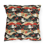 Outdoor Pillow - A beautiful, Japanese-inspired illustration of tranquil white cats resting on rolling clouds with vibrant red and white cherry blossoms.