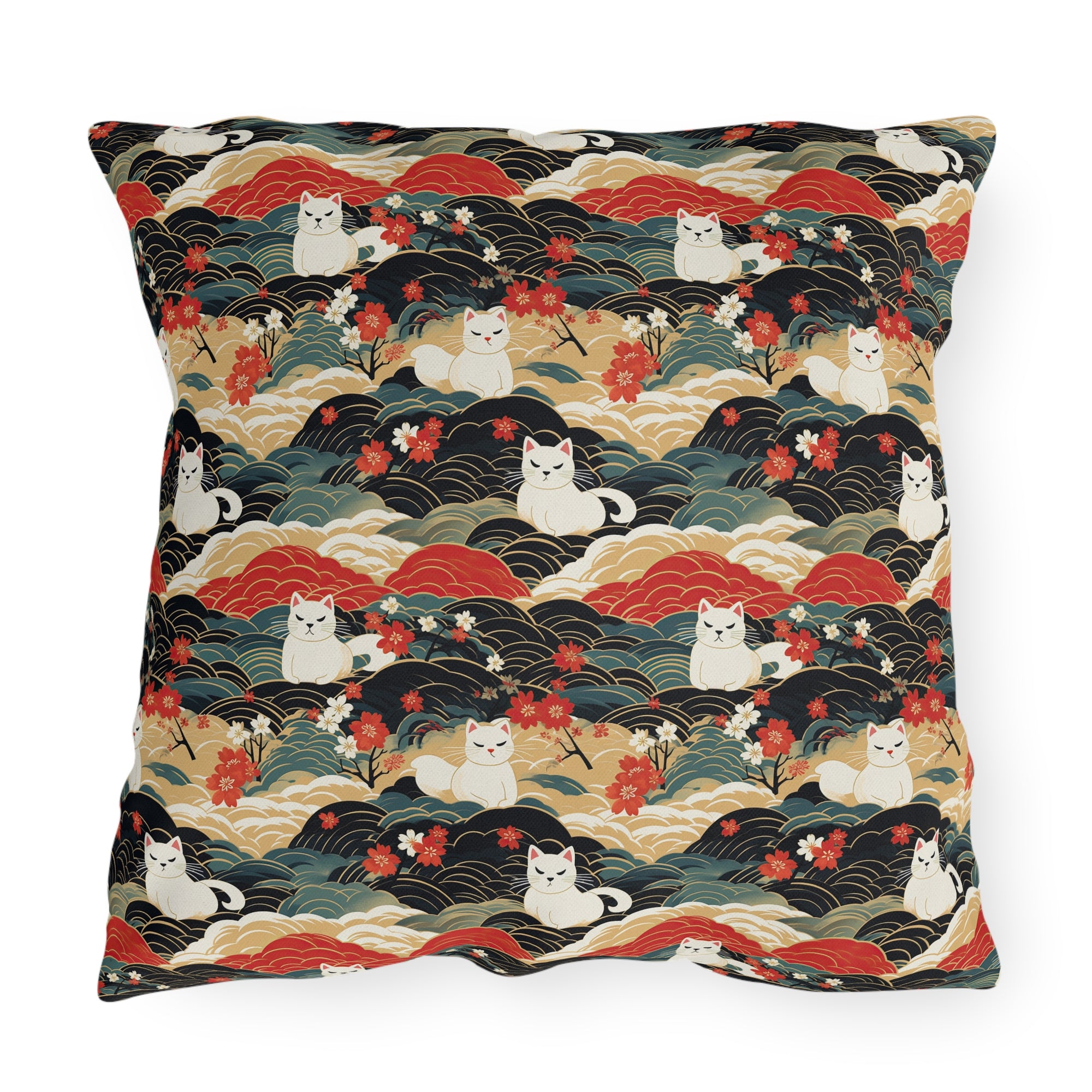 Outdoor Pillow - A beautiful, Japanese-inspired illustration of tranquil white cats resting on rolling clouds with vibrant red and white cherry blossoms.