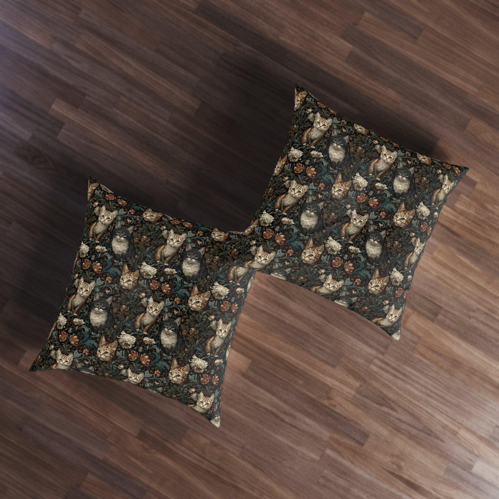 Indoor Square Floor Pillow - Brown Tabby Kittens Among Dark Green and Peach Floral Vines, Moody Vintage Style