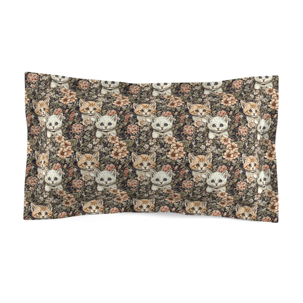 Pillow Sham - Peach and White Kittens in Dark Floral Garden, Vintage Style, Sweet and Charming Scene