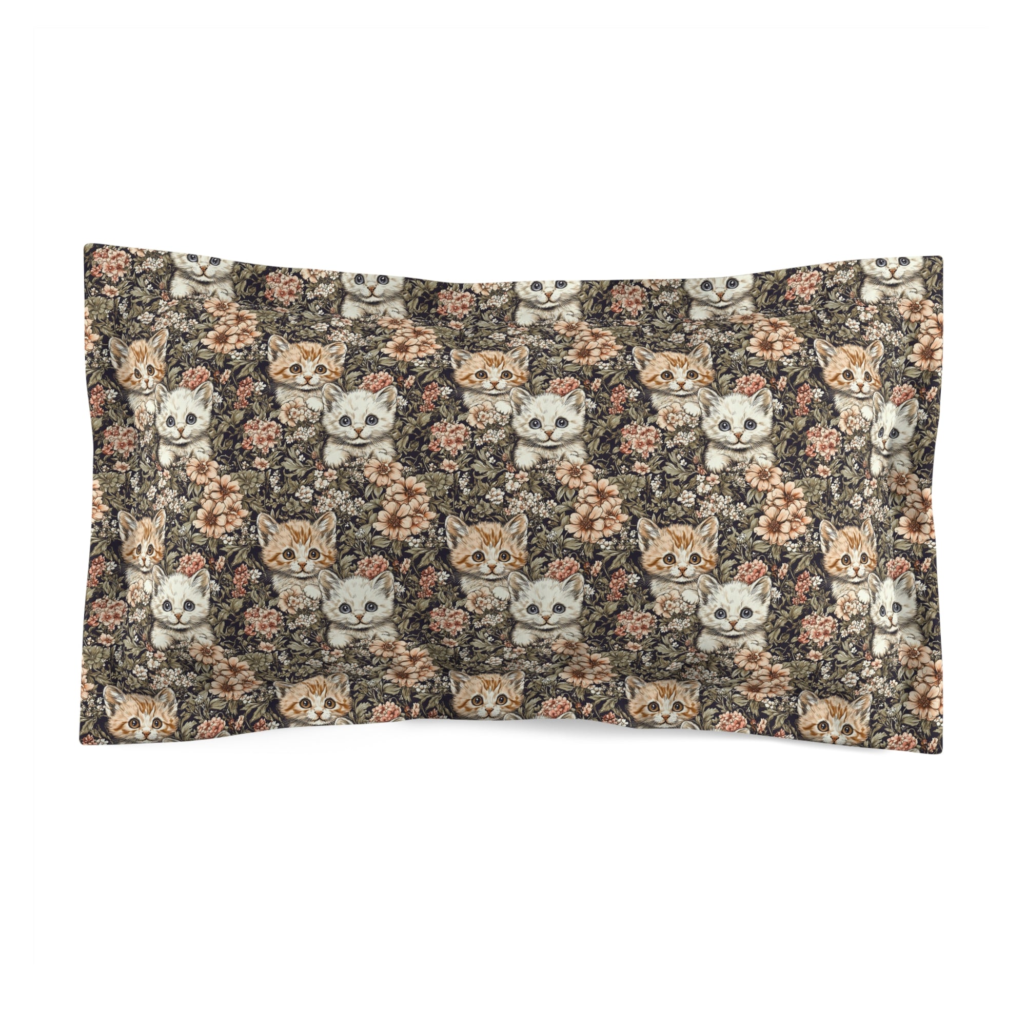 Pillow Sham - Peach and White Kittens in Dark Floral Garden, Vintage Style, Sweet and Charming Scene