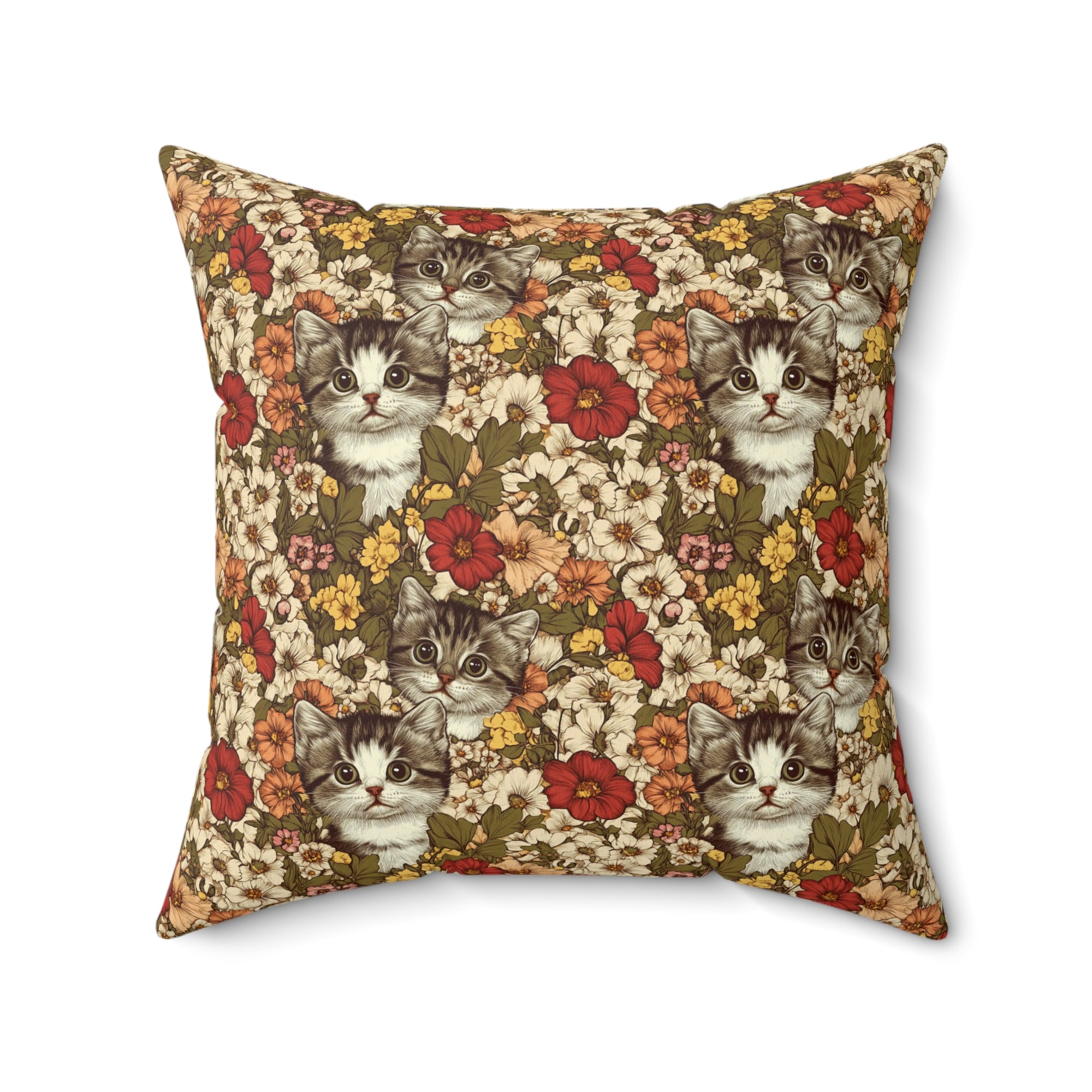 Indoor Square Pillow - Grey Tabby Kittens in a Garden of Red, Peach, and Yellow Flowers, Soft Vintage Style