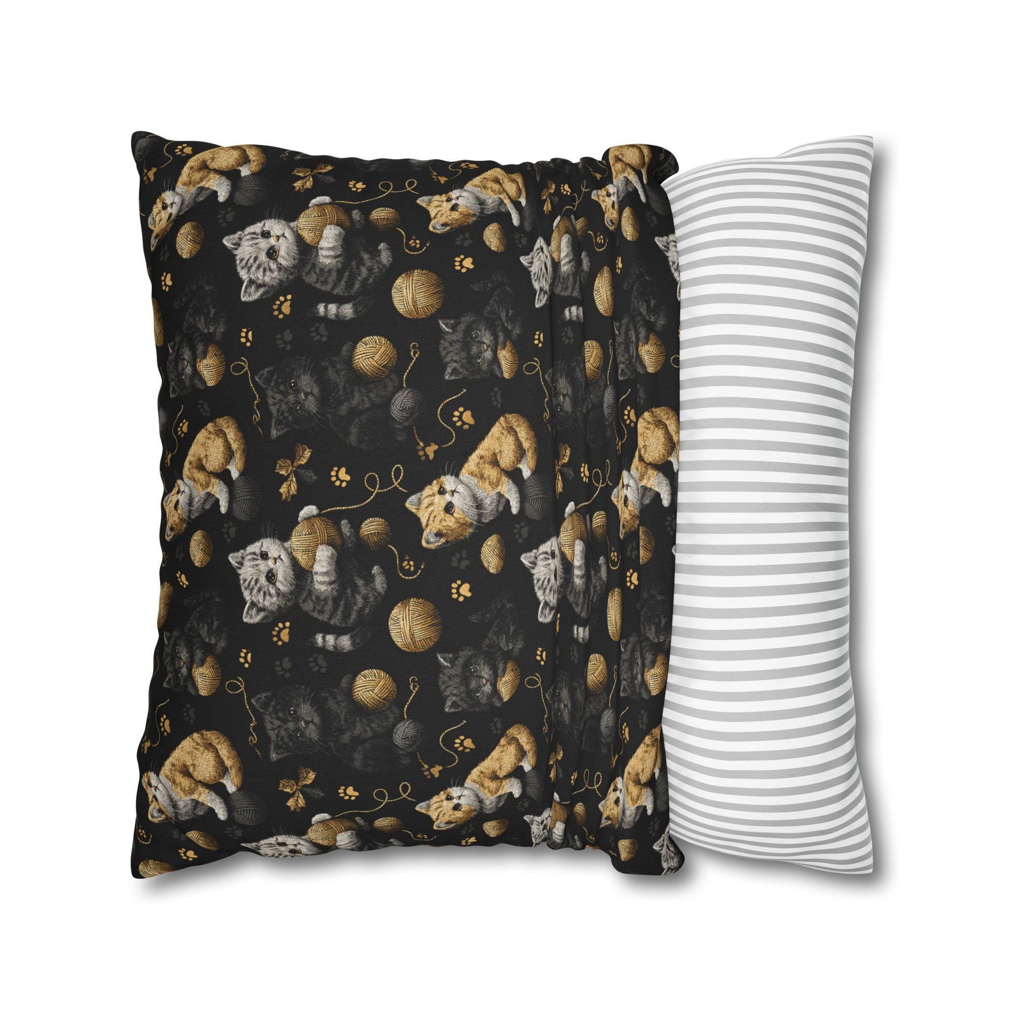 Square Pillowcase - Assorted Cute Kittens with Colorful Yarn Balls and Paw Prints on a Black Backdrop