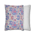 Square Pillowcase - Sweet pastel blue and pink cartoon cats, cute kawaii style kittens with yarn and paw prints, charming and playful animal design, light cream background, delightful pet pattern