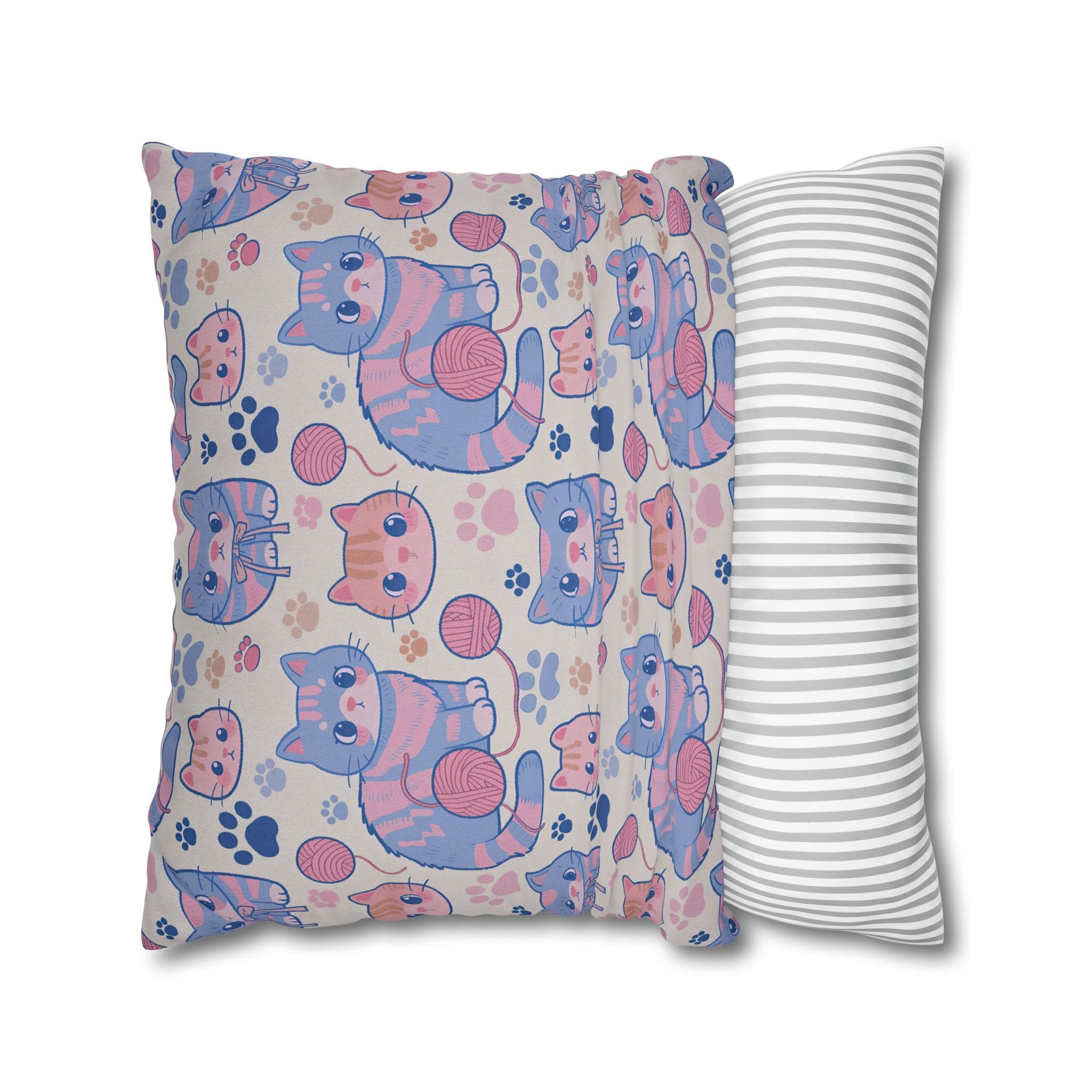 Square Pillowcase - Sweet pastel blue and pink cartoon cats, cute kawaii style kittens with yarn and paw prints, charming and playful animal design, light cream background, delightful pet pattern