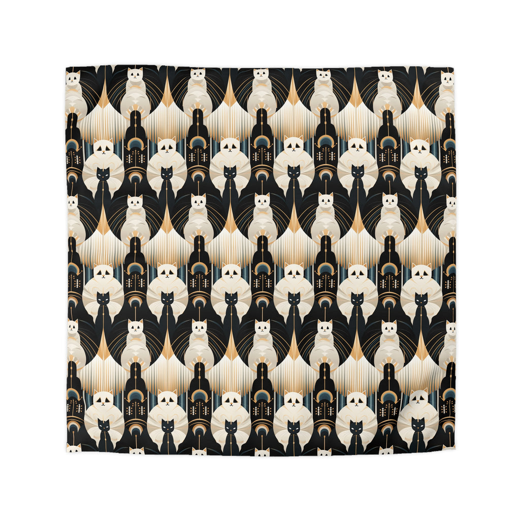 Duvet Cover - An elegant and artistic Art Deco-style pattern featuring streamlined white cats with a striking geometric backdrop of golden and black lines and shapes.