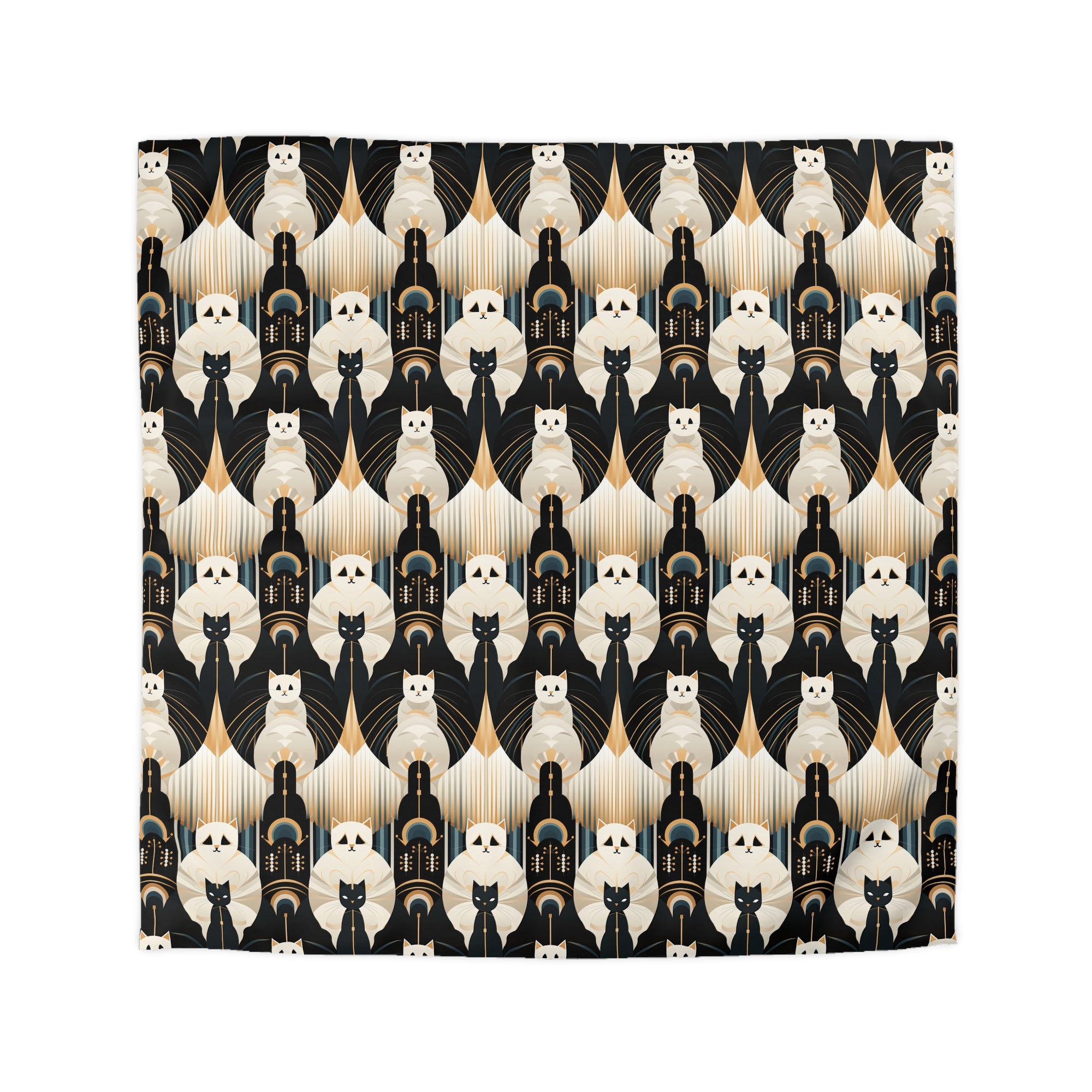 Duvet Cover - An elegant and artistic Art Deco-style pattern featuring streamlined white cats with a striking geometric backdrop of golden and black lines and shapes.