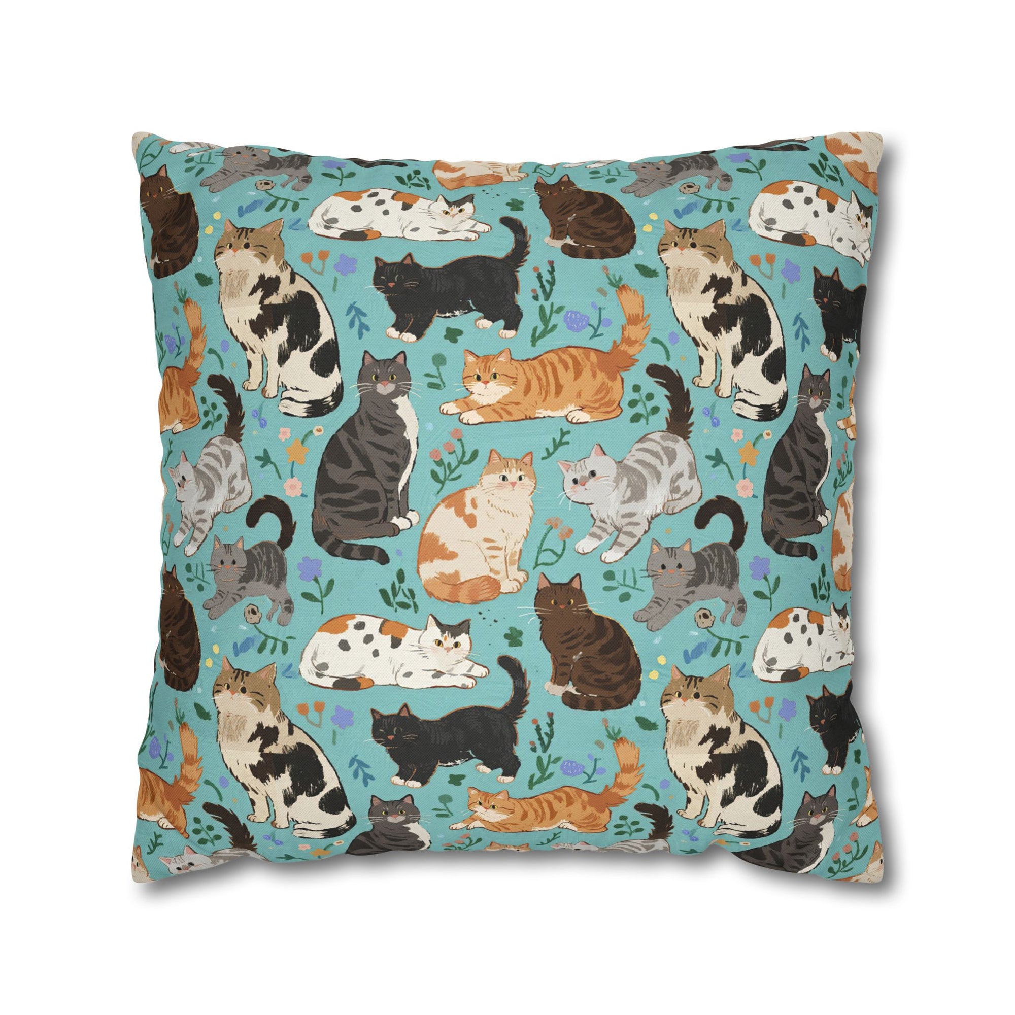 Square Pillowcase - A Delightful Assortment of Charming Cats in Diverse Poses and Breeds Scattered Across a Soft Blue Floral Background
