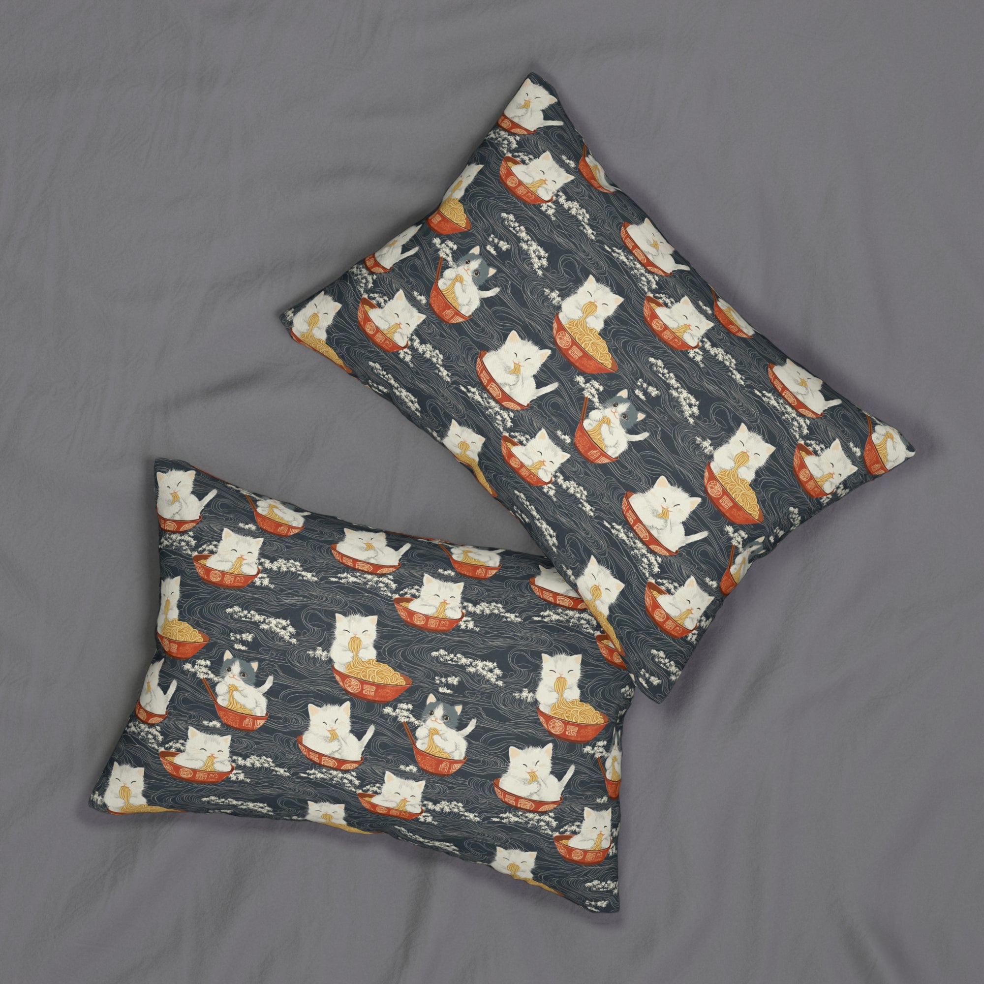 Indoor Lumbar Pillow - An adorable and cute pattern of baby cats happily eating steaming ramen noodles from traditional red and white bowls with beautiful white floral elements surrounding them.