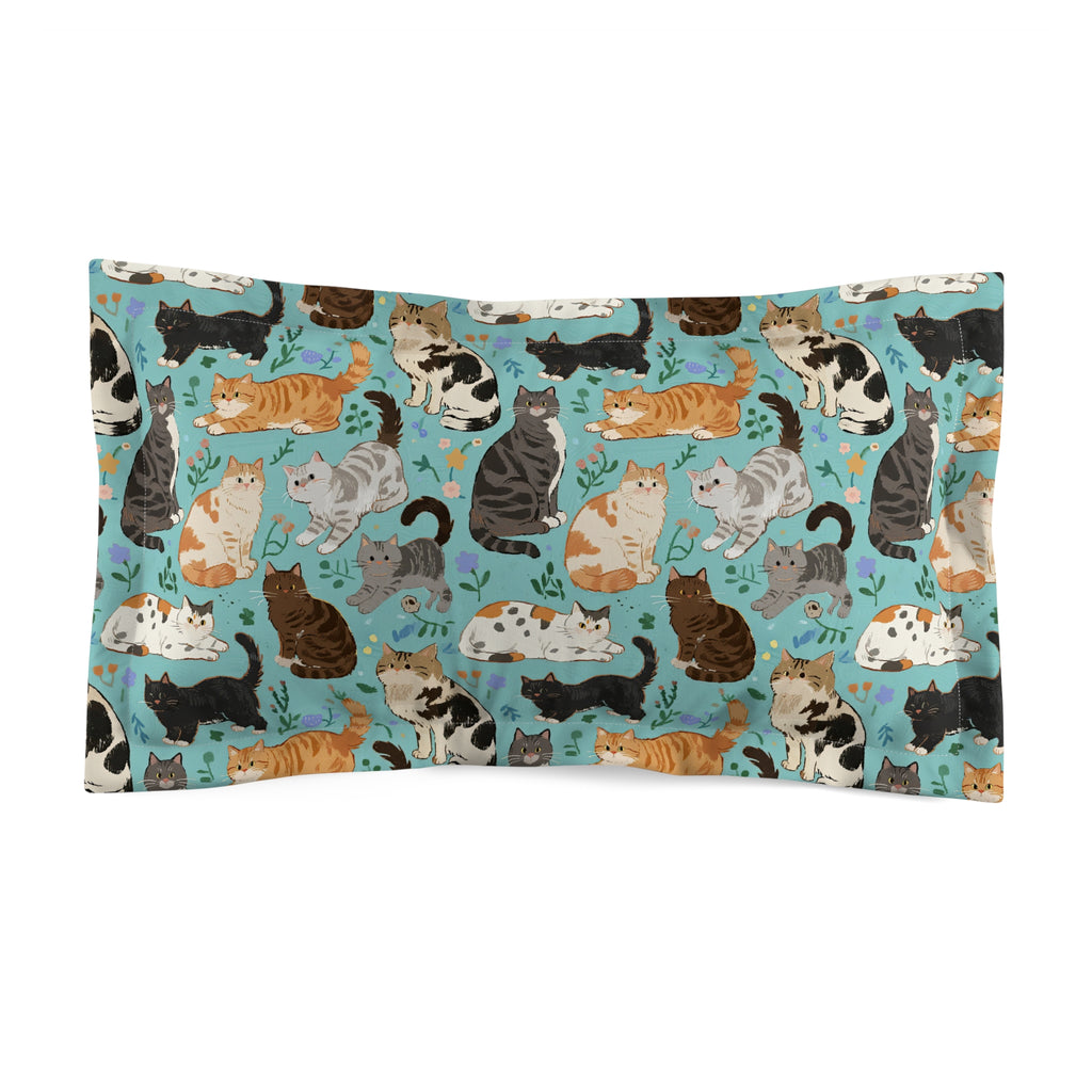Pillow Sham - A Delightful Assortment of Charming Cats in Diverse Poses and Breeds Scattered Across a Soft Blue Floral Background