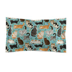 Pillow Sham - A Delightful Assortment of Charming Cats in Diverse Poses and Breeds Scattered Across a Soft Blue Floral Background