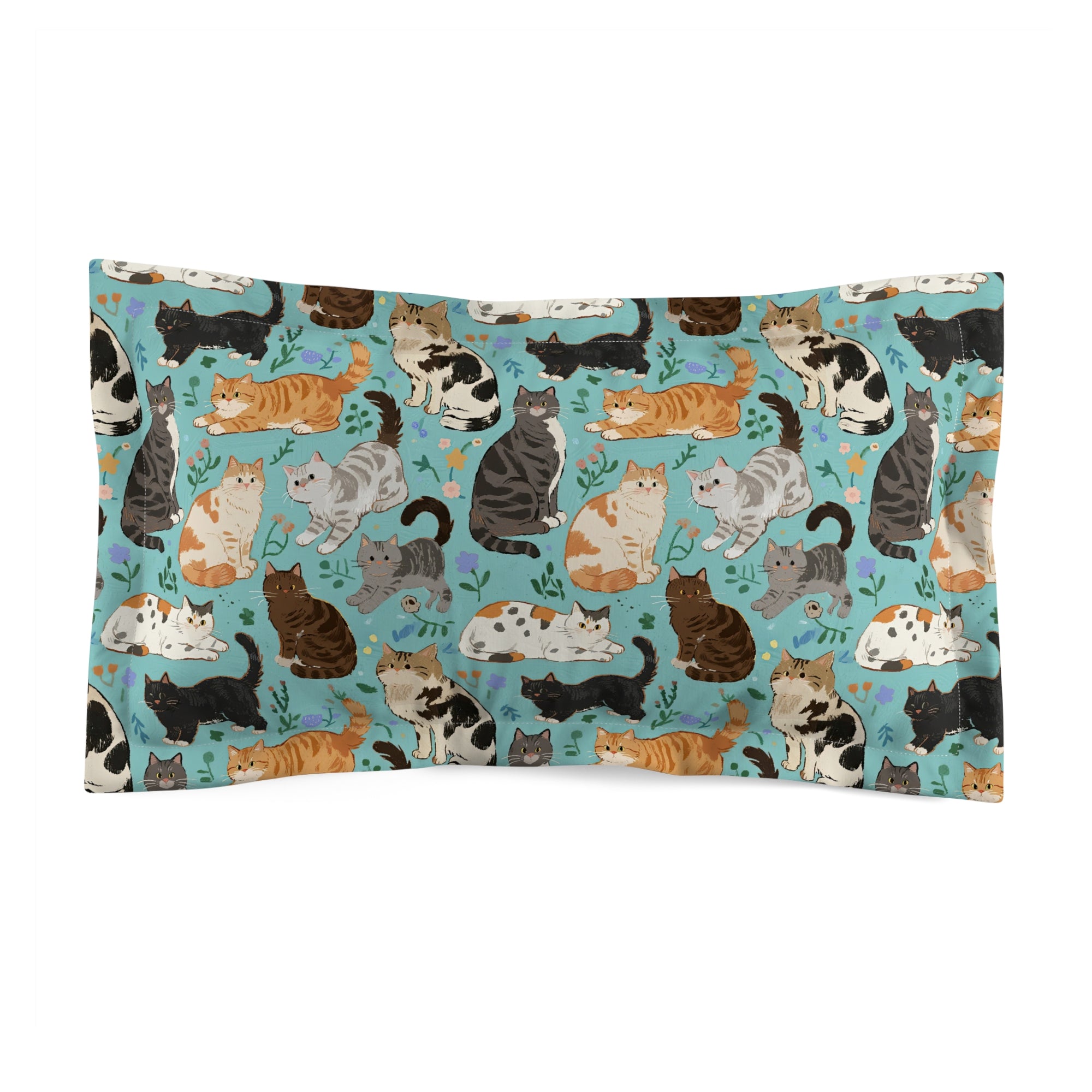 Pillow Sham - A Delightful Assortment of Charming Cats in Diverse Poses and Breeds Scattered Across a Soft Blue Floral Background