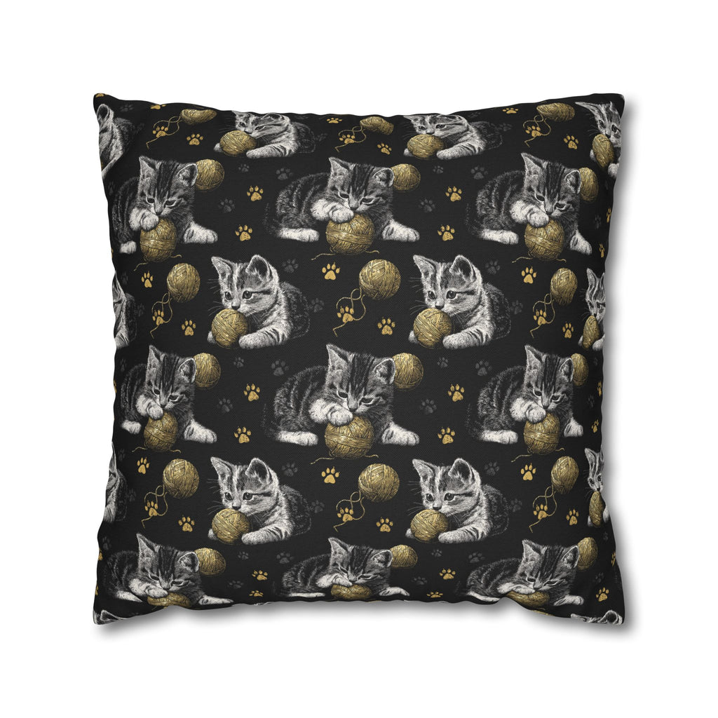 Square Pillowcase - Grey and White Kittens Playing with Golden Yarn on a Black Background with Paw Prints