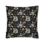 Square Pillowcase - Grey and White Kittens Playing with Golden Yarn on a Black Background with Paw Prints