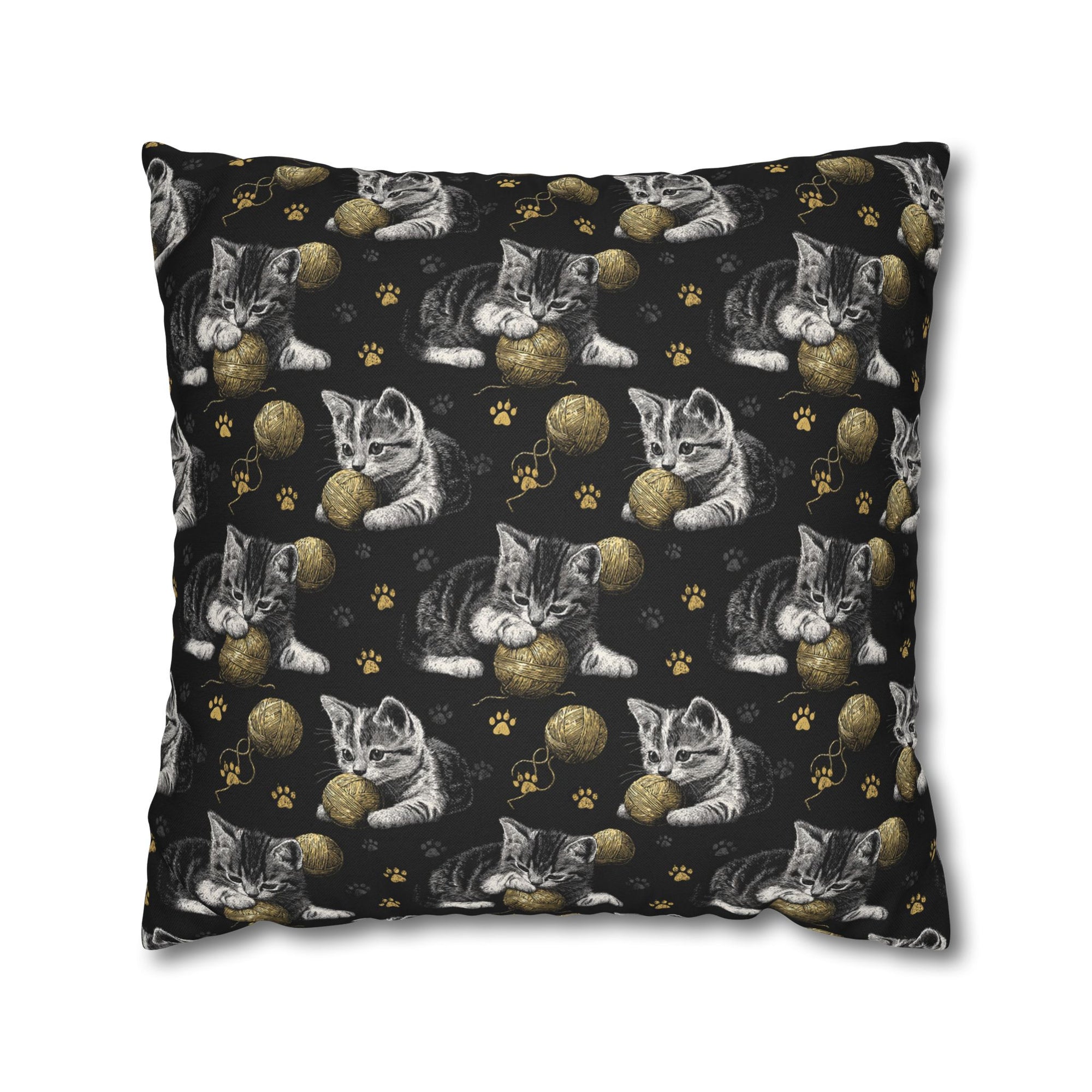 Square Pillowcase - Grey and White Kittens Playing with Golden Yarn on a Black Background with Paw Prints