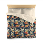 Duvet Cover - A charming and detailed illustration of happy kittens in red ramen bowls eating their noodles with chopsticks among beautiful pink cherry blossoms on a dark background.