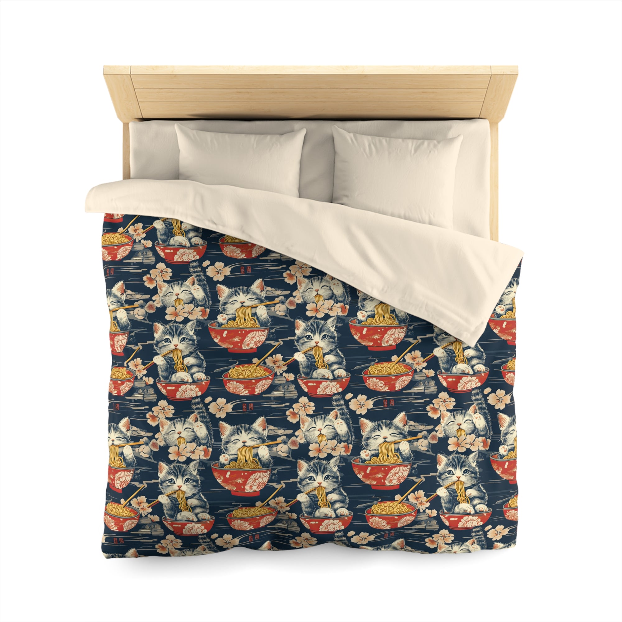 Duvet Cover - A charming and detailed illustration of happy kittens in red ramen bowls eating their noodles with chopsticks among beautiful pink cherry blossoms on a dark background.