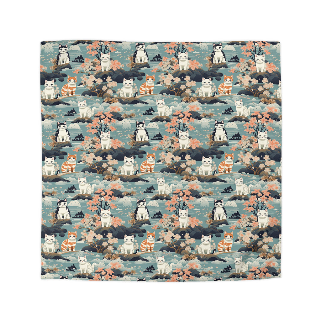 Duvet Cover - A serene watercolor painting of fluffy cats lounging on rocks, surrounded by cherry blossoms and blue water, in a tranquil, nature-filled, Japanese-inspired landscape.