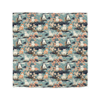 Duvet Cover - A serene watercolor painting of fluffy cats lounging on rocks, surrounded by cherry blossoms and blue water, in a tranquil, nature-filled, Japanese-inspired landscape.
