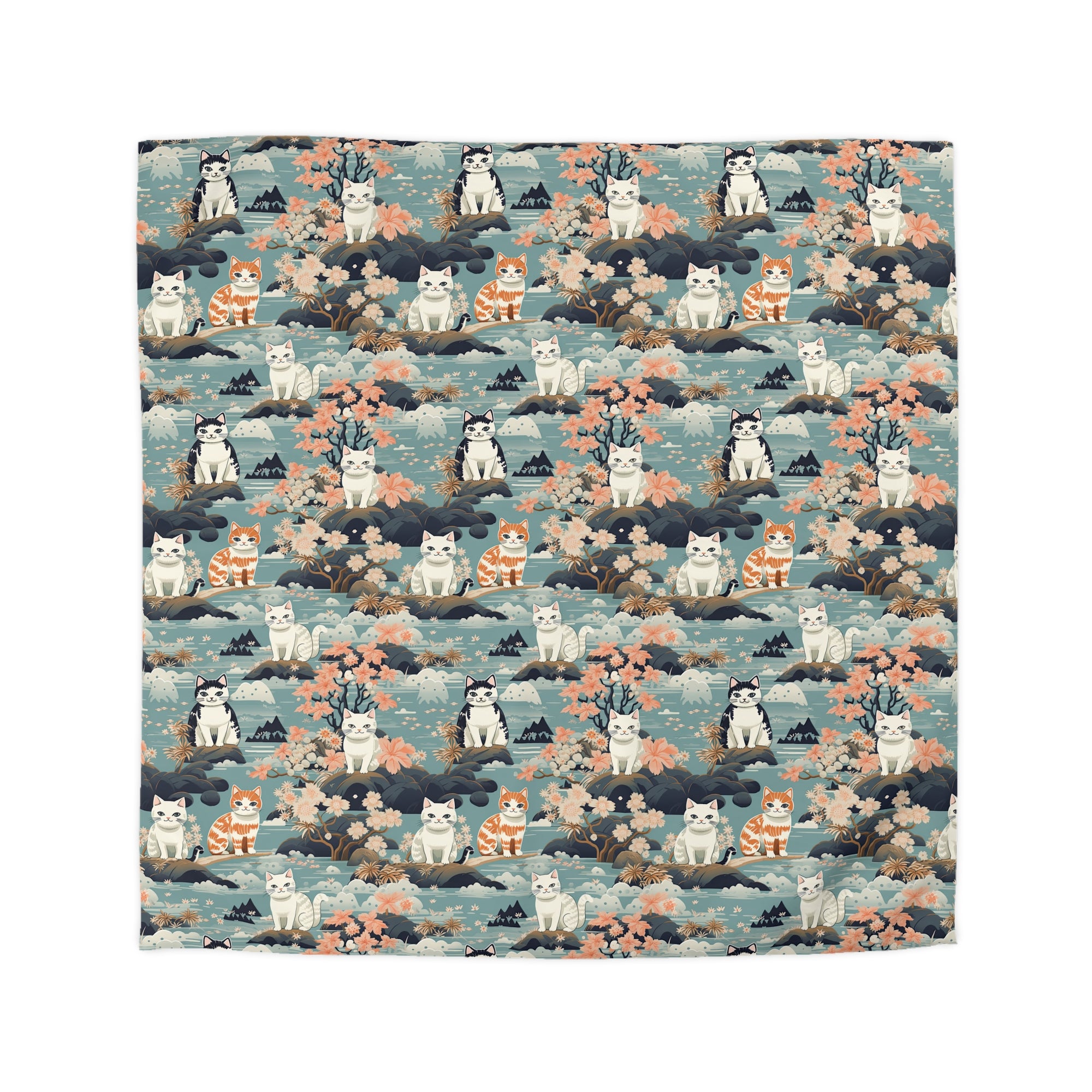 Duvet Cover - A serene watercolor painting of fluffy cats lounging on rocks, surrounded by cherry blossoms and blue water, in a tranquil, nature-filled, Japanese-inspired landscape.