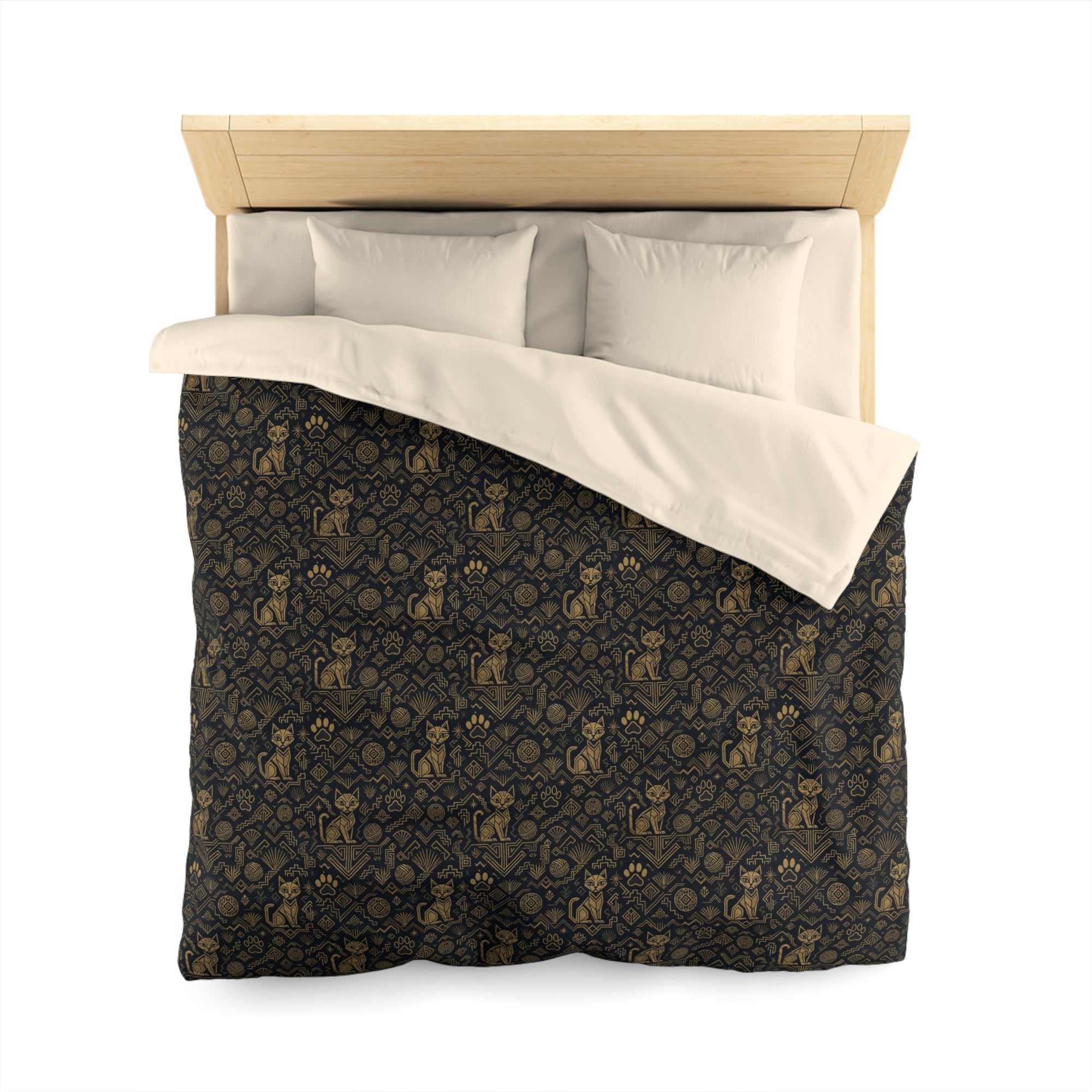 Duvet Cover - Art Deco Inspired Golden Cat Silhouettes and Geometric Patterns Create a Sophisticated and Stylized Modern Design