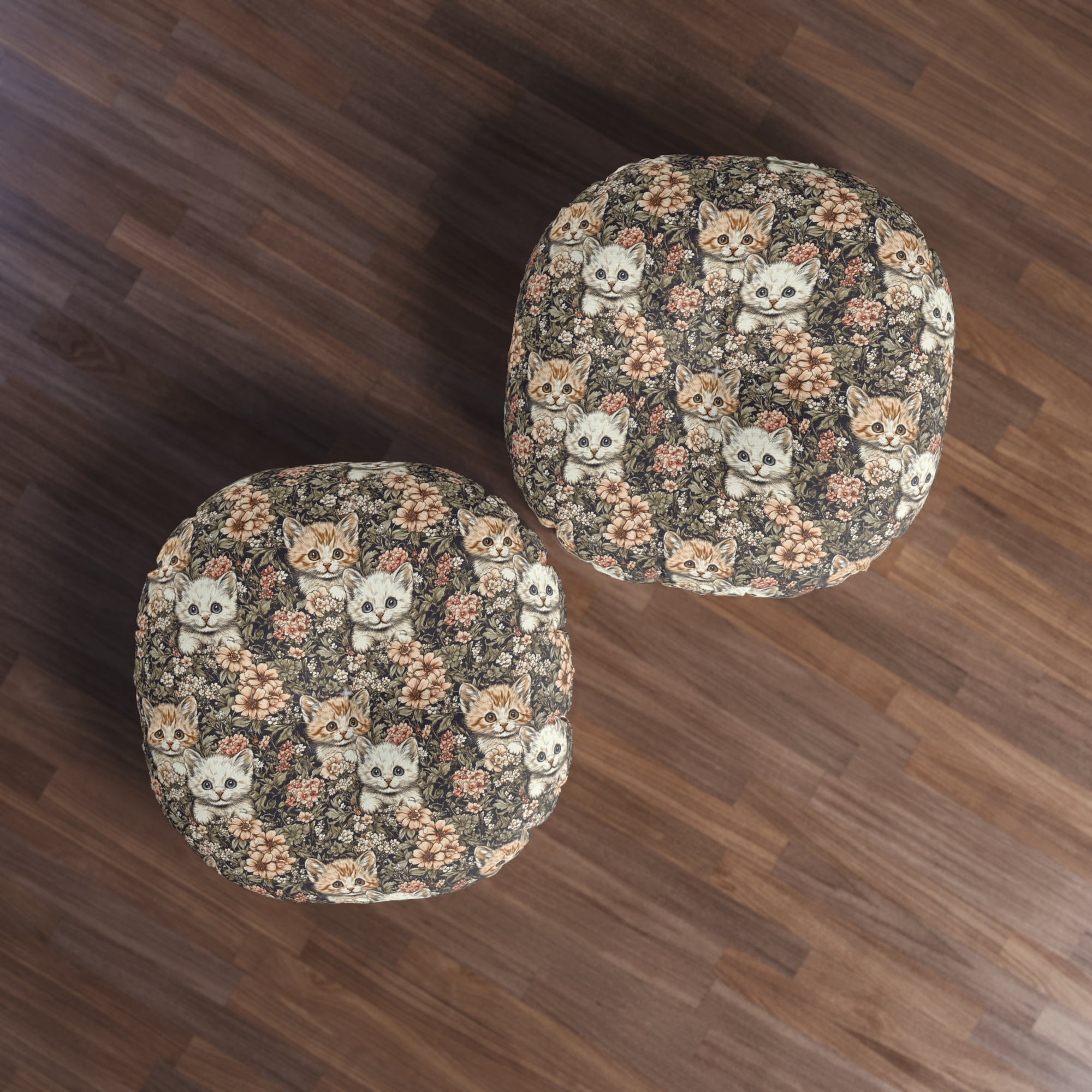 Indoor Round Floor Pillow - Peach and White Kittens in Dark Floral Garden, Vintage Style, Sweet and Charming Scene