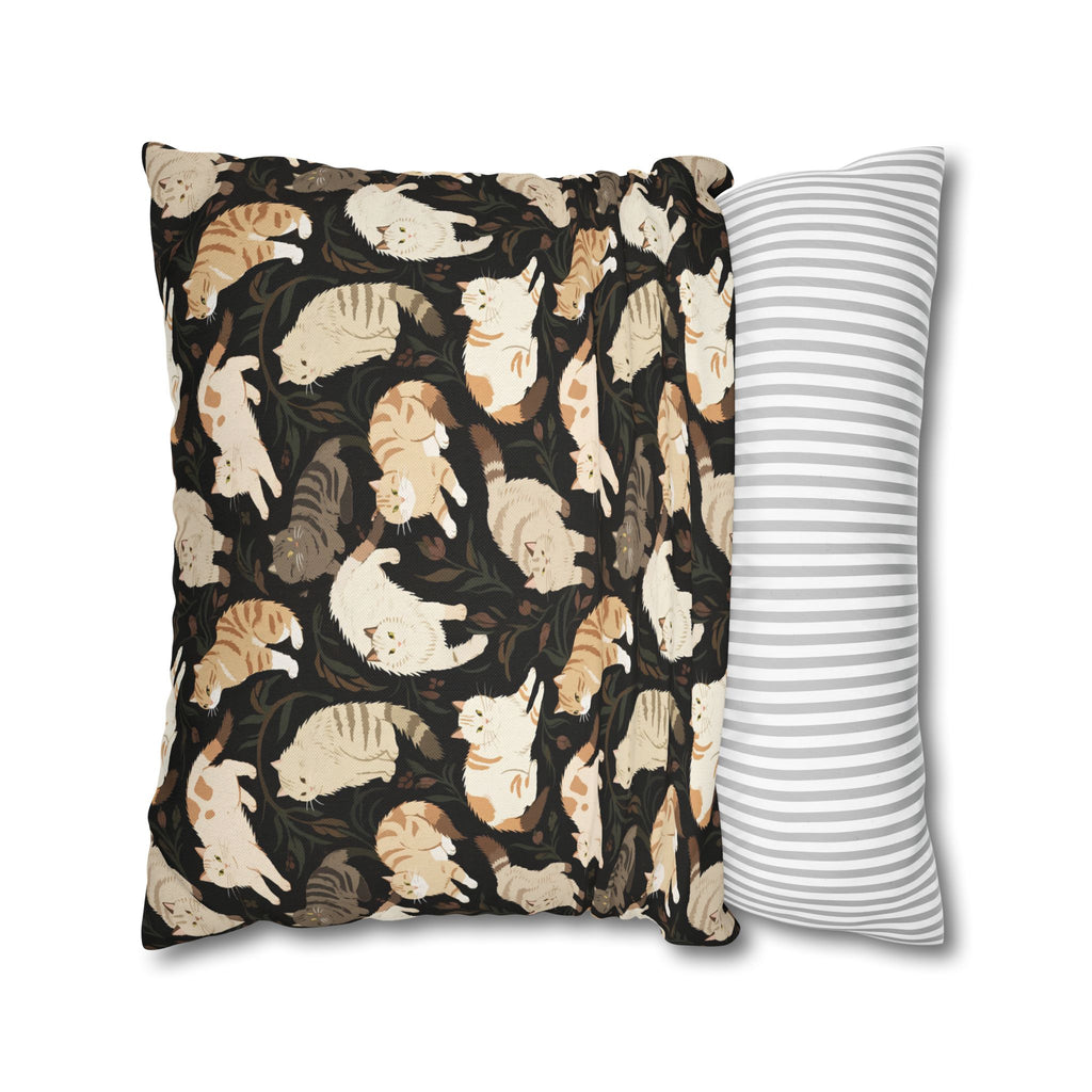 Square Pillowcase - Earthy Toned Cats Lounge and Play Amidst Dark Foliage in a Serene and Naturally Inspired Seamless Pattern Design