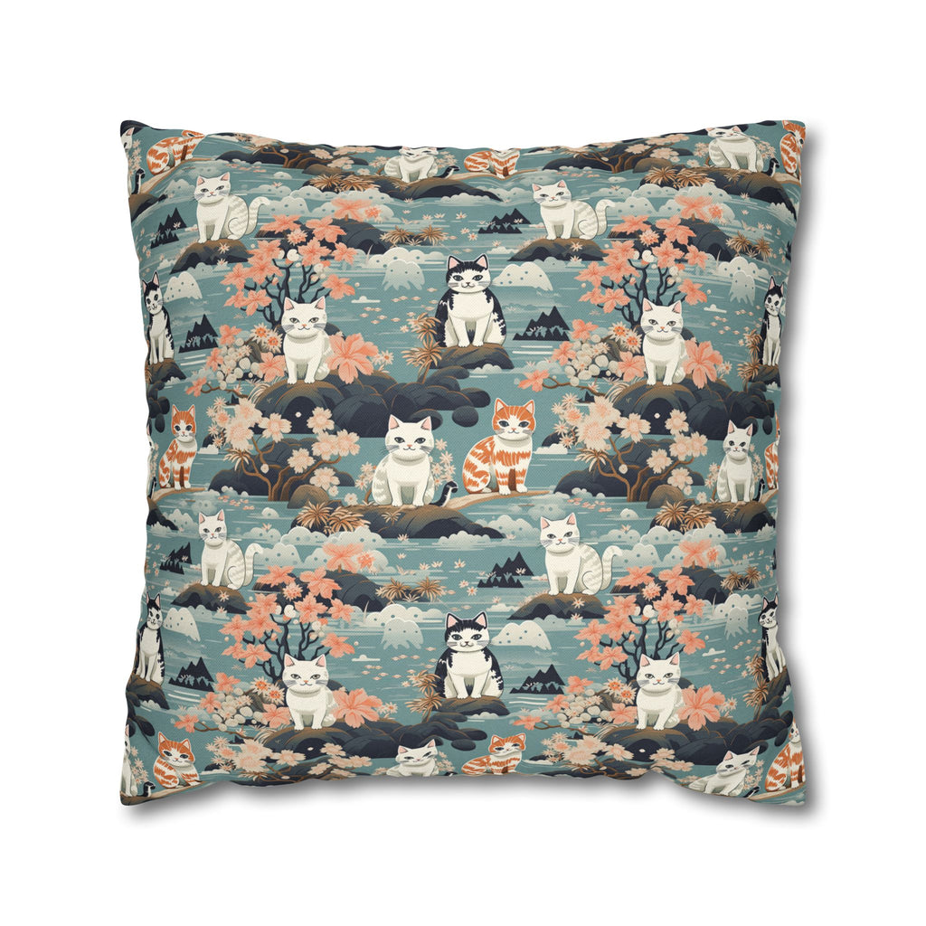 Square Pillowcase - A serene watercolor painting of fluffy cats lounging on rocks, surrounded by cherry blossoms and blue water, in a tranquil, nature-filled, Japanese-inspired landscape.