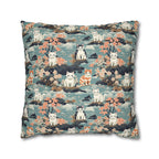 Square Pillowcase - A serene watercolor painting of fluffy cats lounging on rocks, surrounded by cherry blossoms and blue water, in a tranquil, nature-filled, Japanese-inspired landscape.