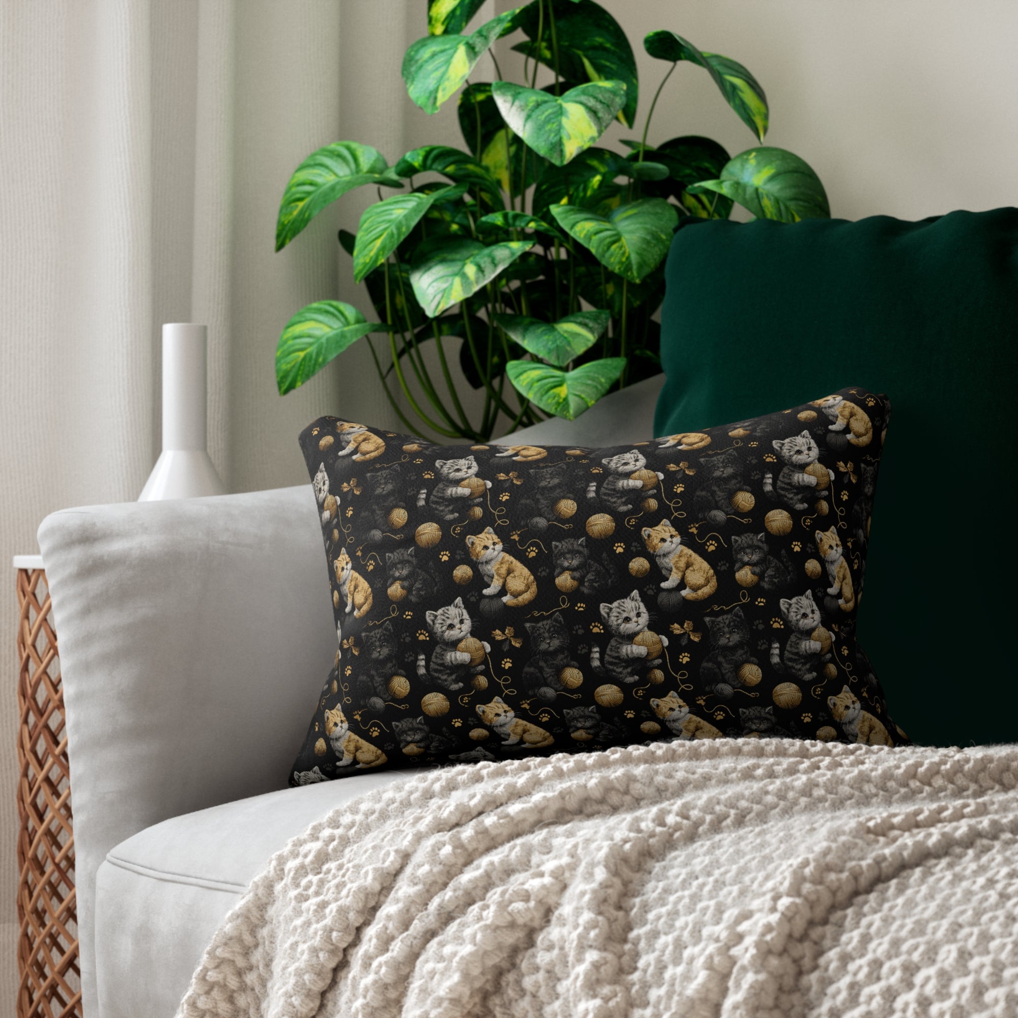 Indoor Lumbar Pillow - Assorted Cute Kittens with Colorful Yarn Balls and Paw Prints on a Black Backdrop