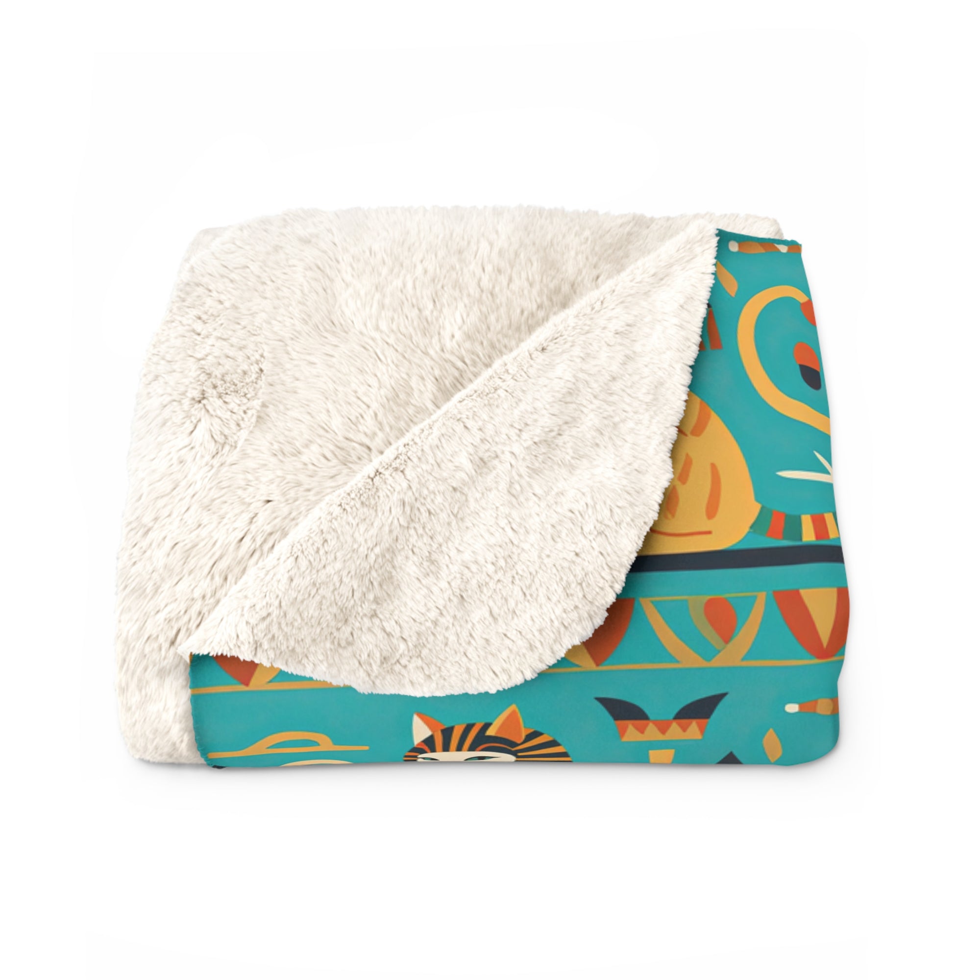 Sherpa Blanket - Horizontal Stripes of Golden Egyptian Cats and Intricate Hieroglyphs Form a Repeating and Historically Themed Border Pattern