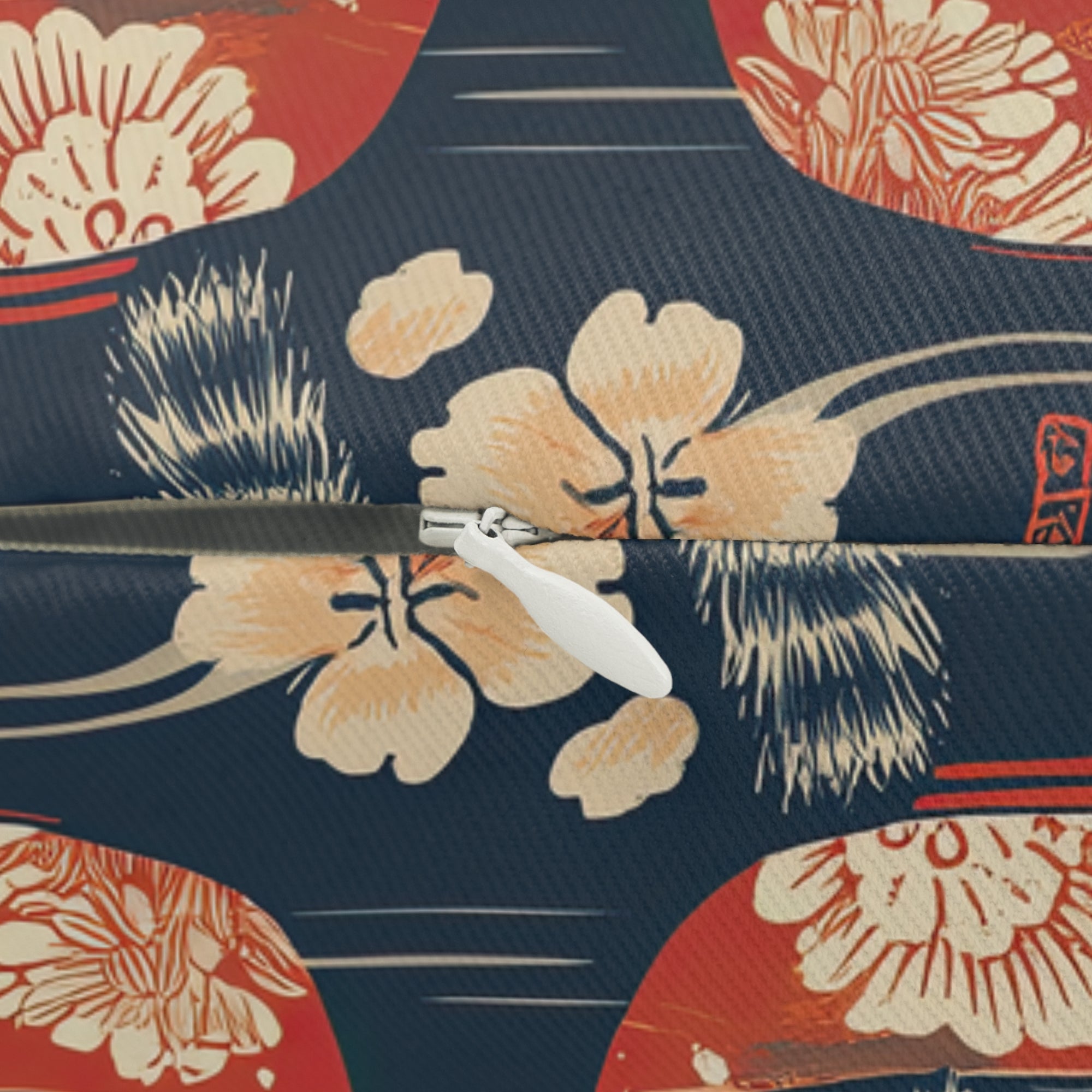 Indoor Lumbar Pillow - A charming and detailed illustration of happy kittens in red ramen bowls eating their noodles with chopsticks among beautiful pink cherry blossoms on a dark background.
