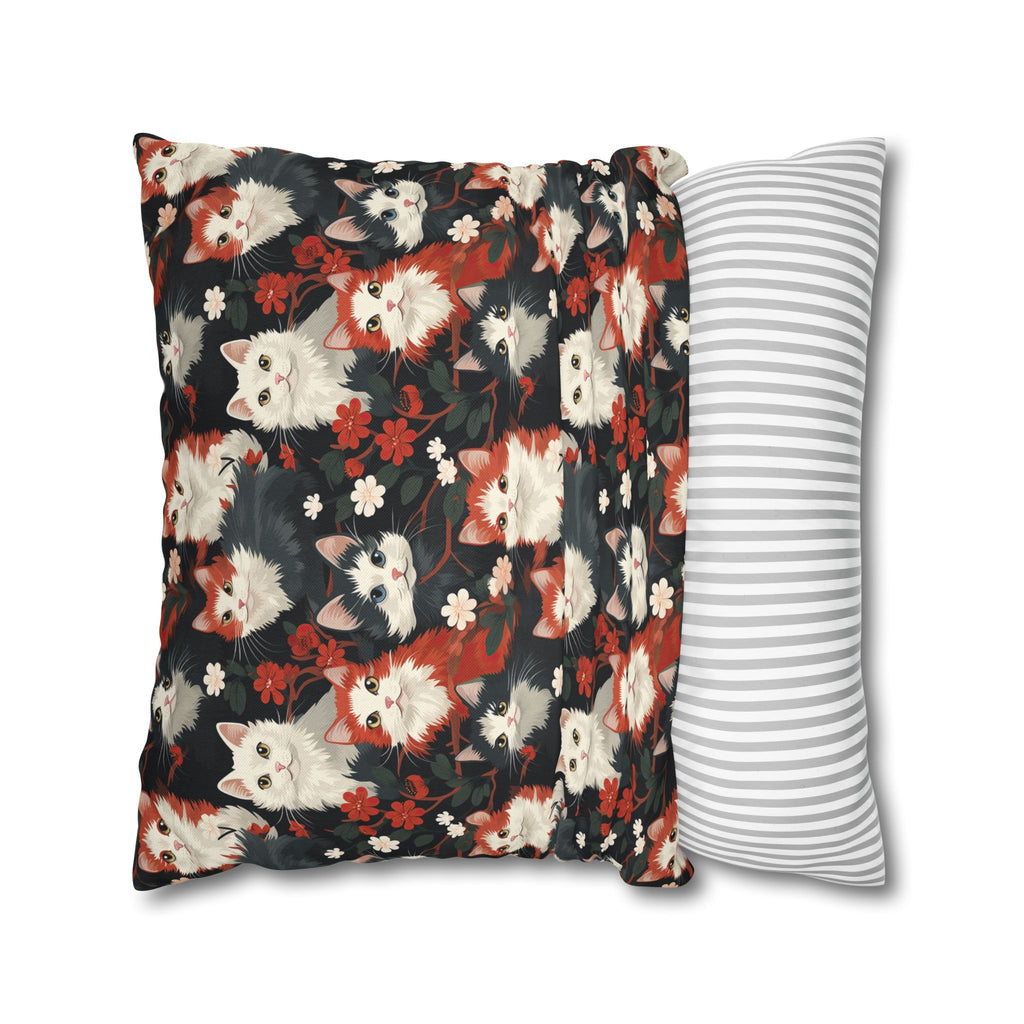 Square Pillowcase - A detailed and ornate Victorian-style pattern featuring a tight grouping of fluffy cats of various colors surrounded by black and red flowers and leaves.