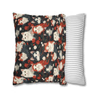 Square Pillowcase - A detailed and ornate Victorian-style pattern featuring a tight grouping of fluffy cats of various colors surrounded by black and red flowers and leaves.