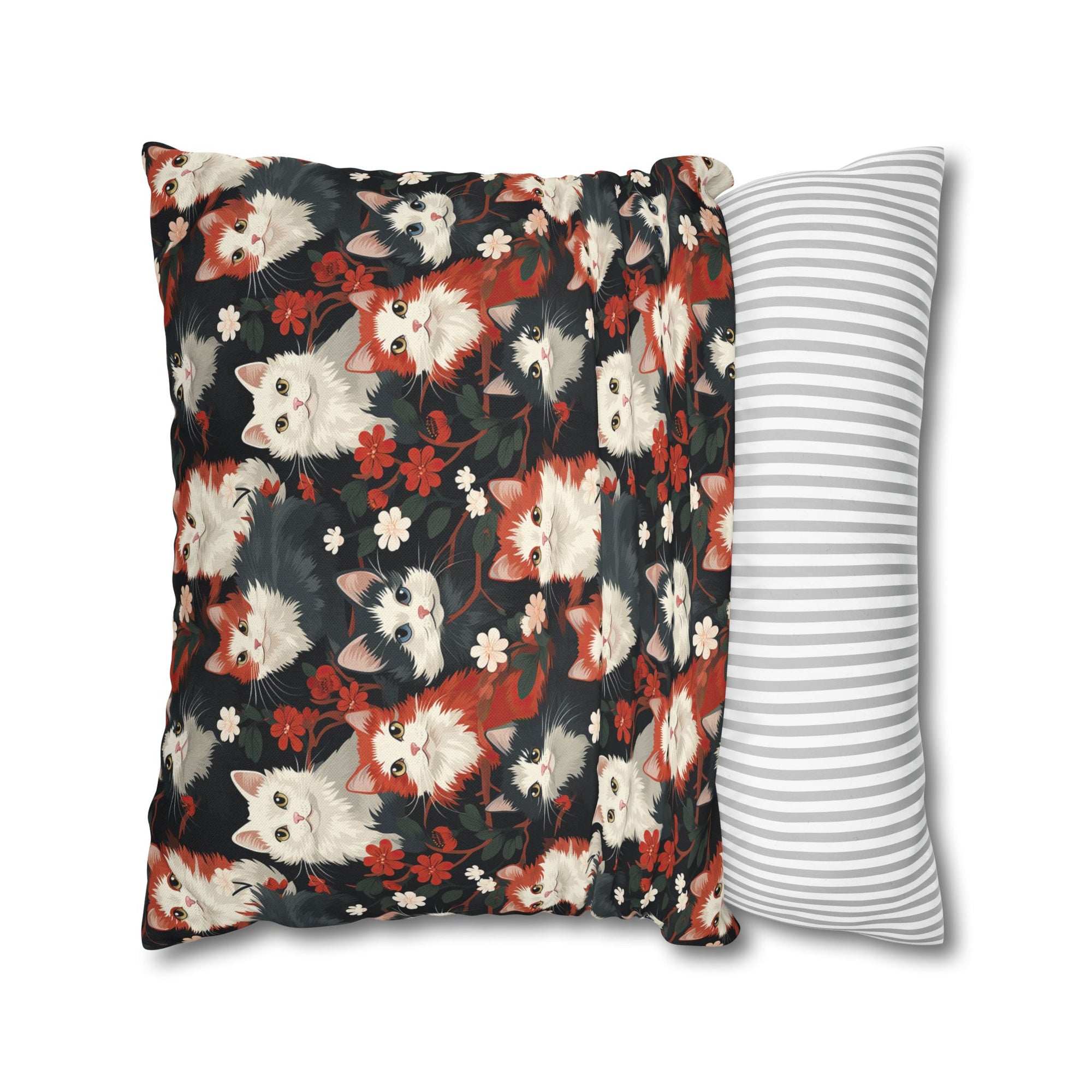 Square Pillowcase - A detailed and ornate Victorian-style pattern featuring a tight grouping of fluffy cats of various colors surrounded by black and red flowers and leaves.