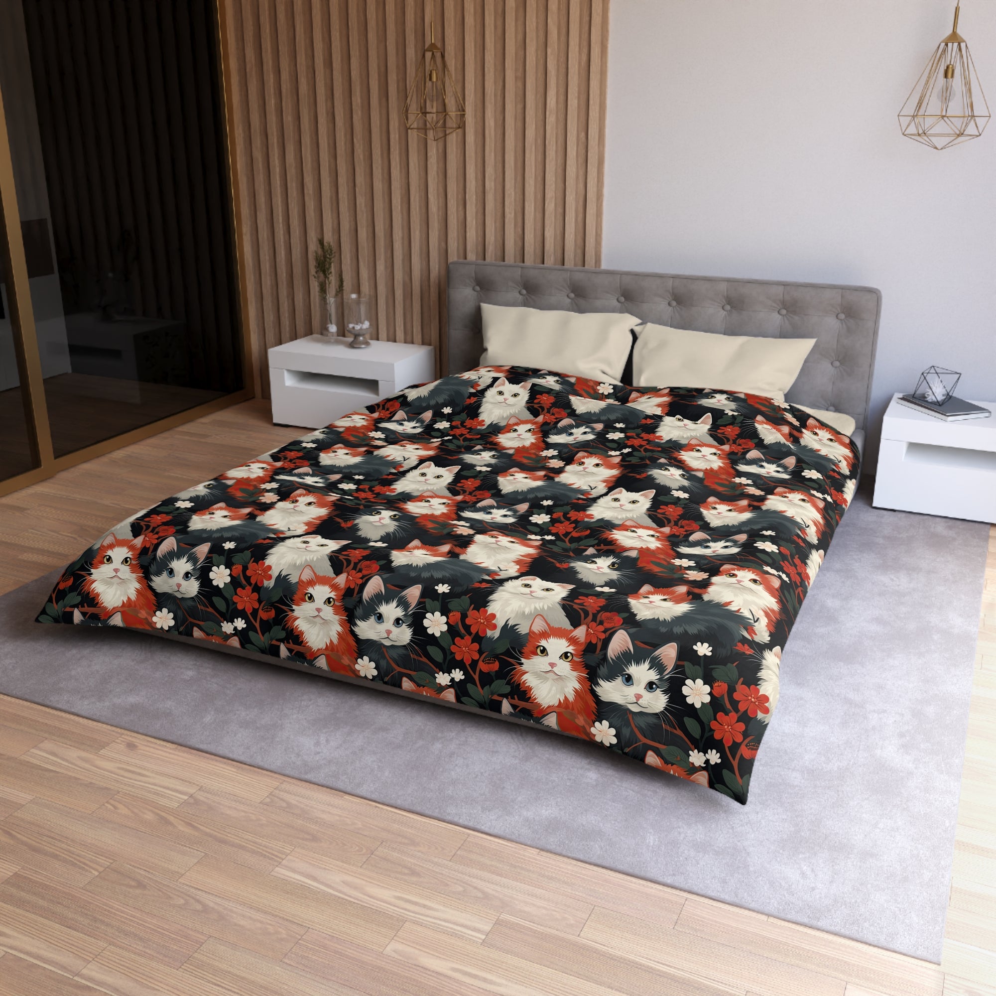 Duvet Cover - A detailed and ornate Victorian-style pattern featuring a tight grouping of fluffy cats of various colors surrounded by black and red flowers and leaves.