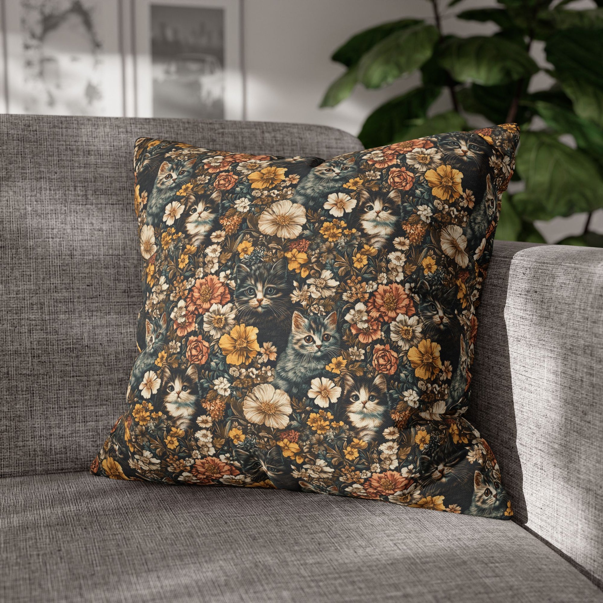 Square Pillowcase - Grey Tabby Kittens Among Yellow and Peach Flowers, Moody Vintage Botanical Illustration