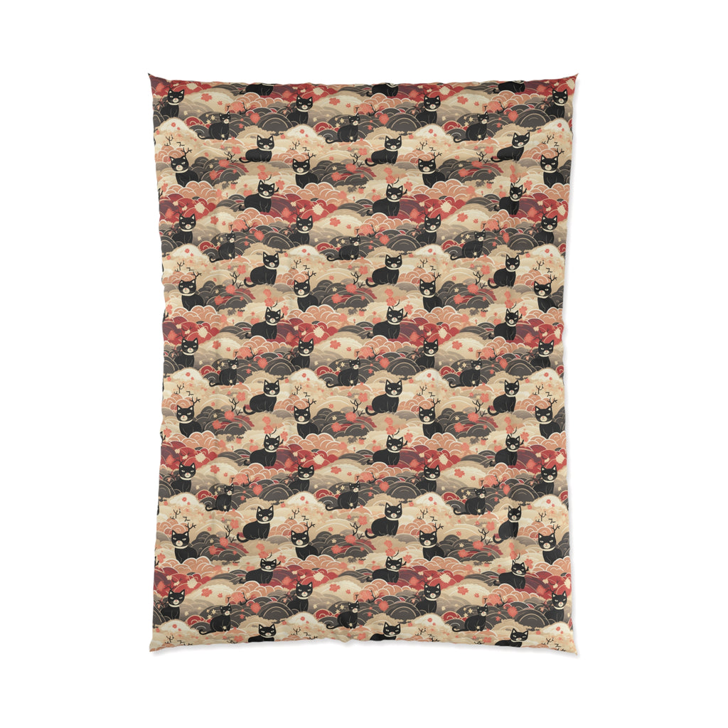 Comforter - A whimsical and enchanting Japanese-style pattern featuring cute black and orange cats nestled among vibrant orange blossoms and soft, cloudy backgrounds.
