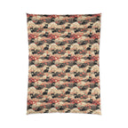Comforter - A whimsical and enchanting Japanese-style pattern featuring cute black and orange cats nestled among vibrant orange blossoms and soft, cloudy backgrounds.